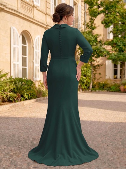 Sheath/Column V-Neck 3/4 Sleeves Sweep Train Elastic Satin Mother Of The Bride Dresses