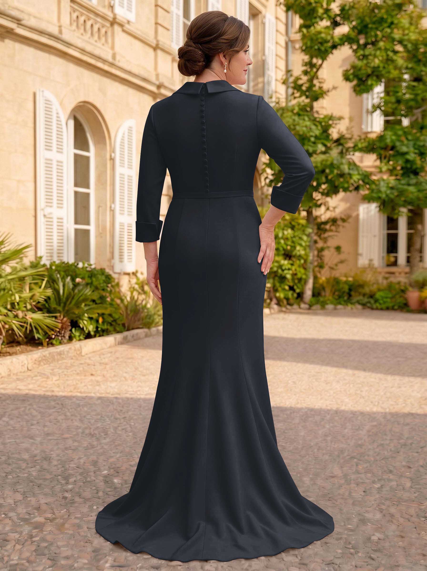 Sheath/Column V-Neck 3/4 Sleeves Sweep Train Elastic Satin Mother Of The Bride Dresses