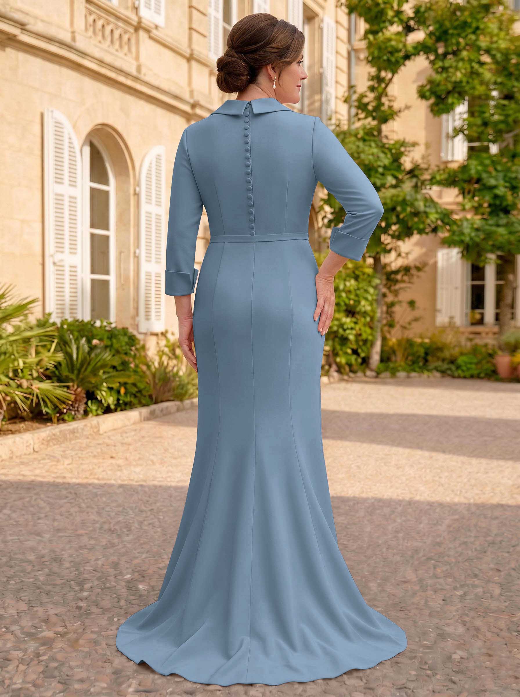 Sheath/Column V-Neck 3/4 Sleeves Sweep Train Elastic Satin Mother Of The Bride Dresses