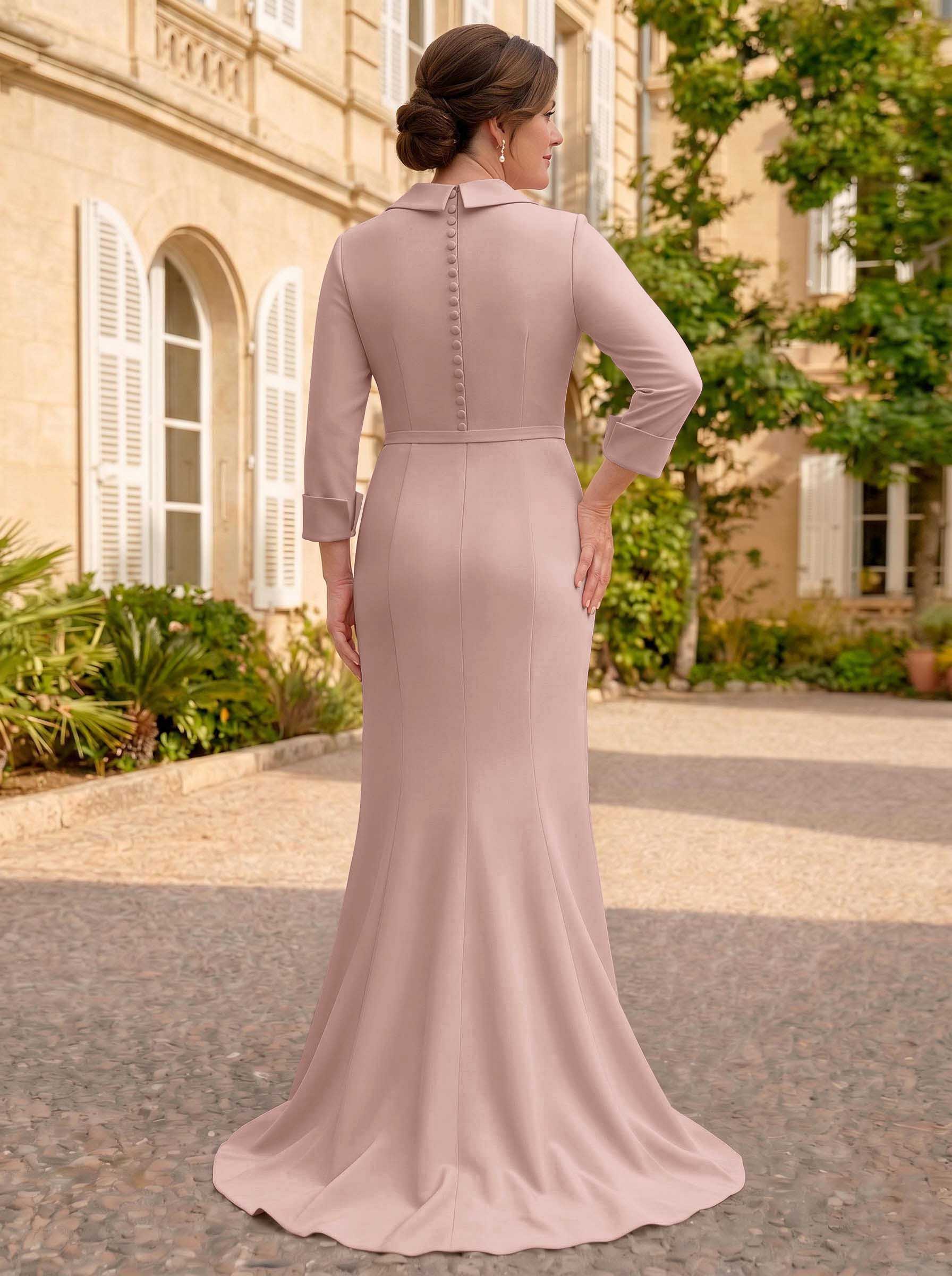 Sheath/Column V-Neck 3/4 Sleeves Sweep Train Elastic Satin Mother Of The Bride Dresses