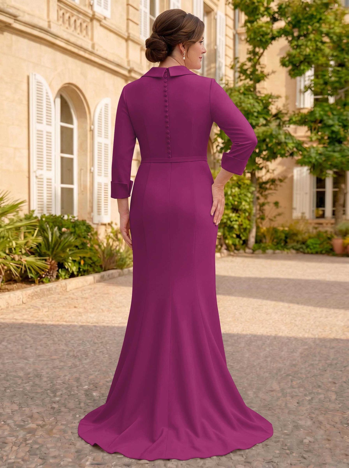 Sheath/Column V-Neck 3/4 Sleeves Sweep Train Elastic Satin Mother Of The Bride Dresses