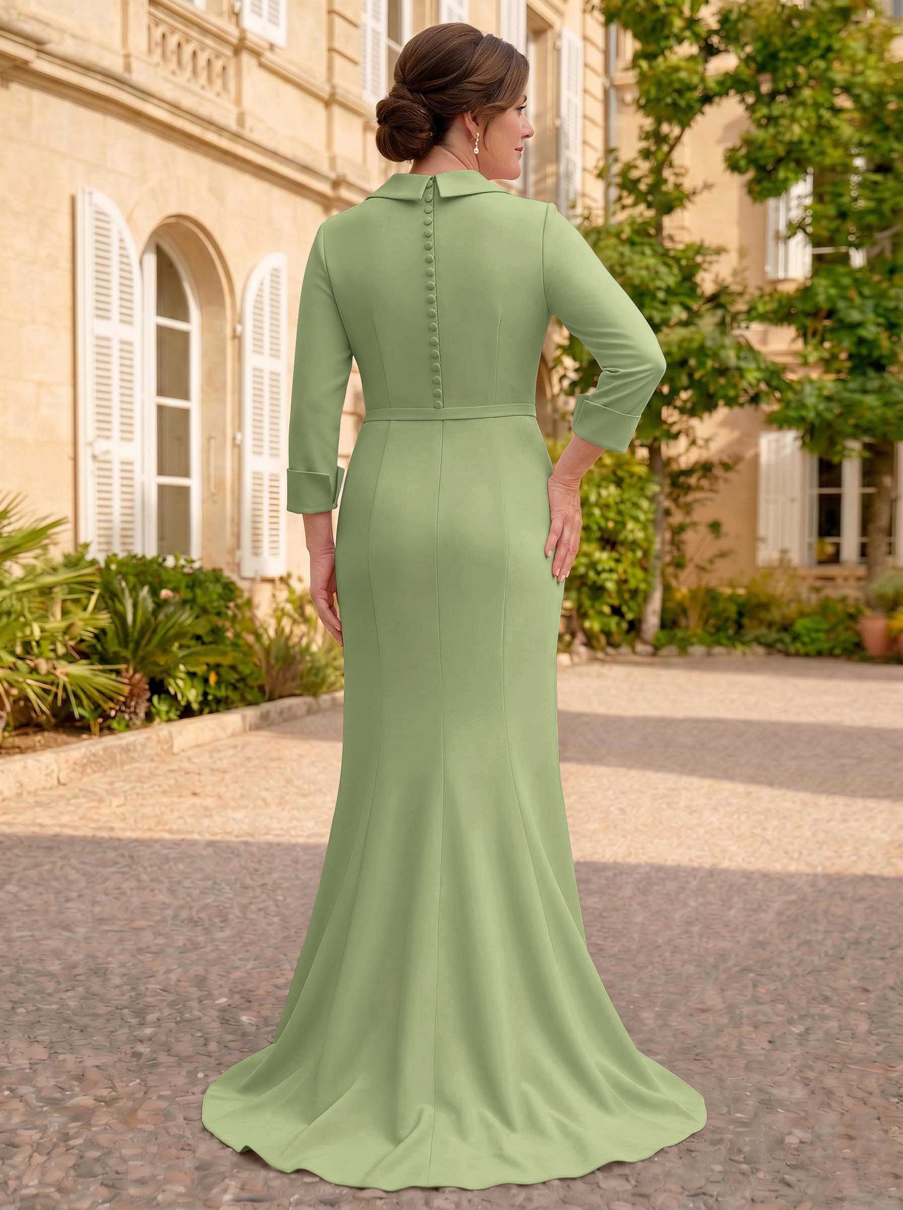 Sheath/Column V-Neck 3/4 Sleeves Sweep Train Elastic Satin Mother Of The Bride Dresses