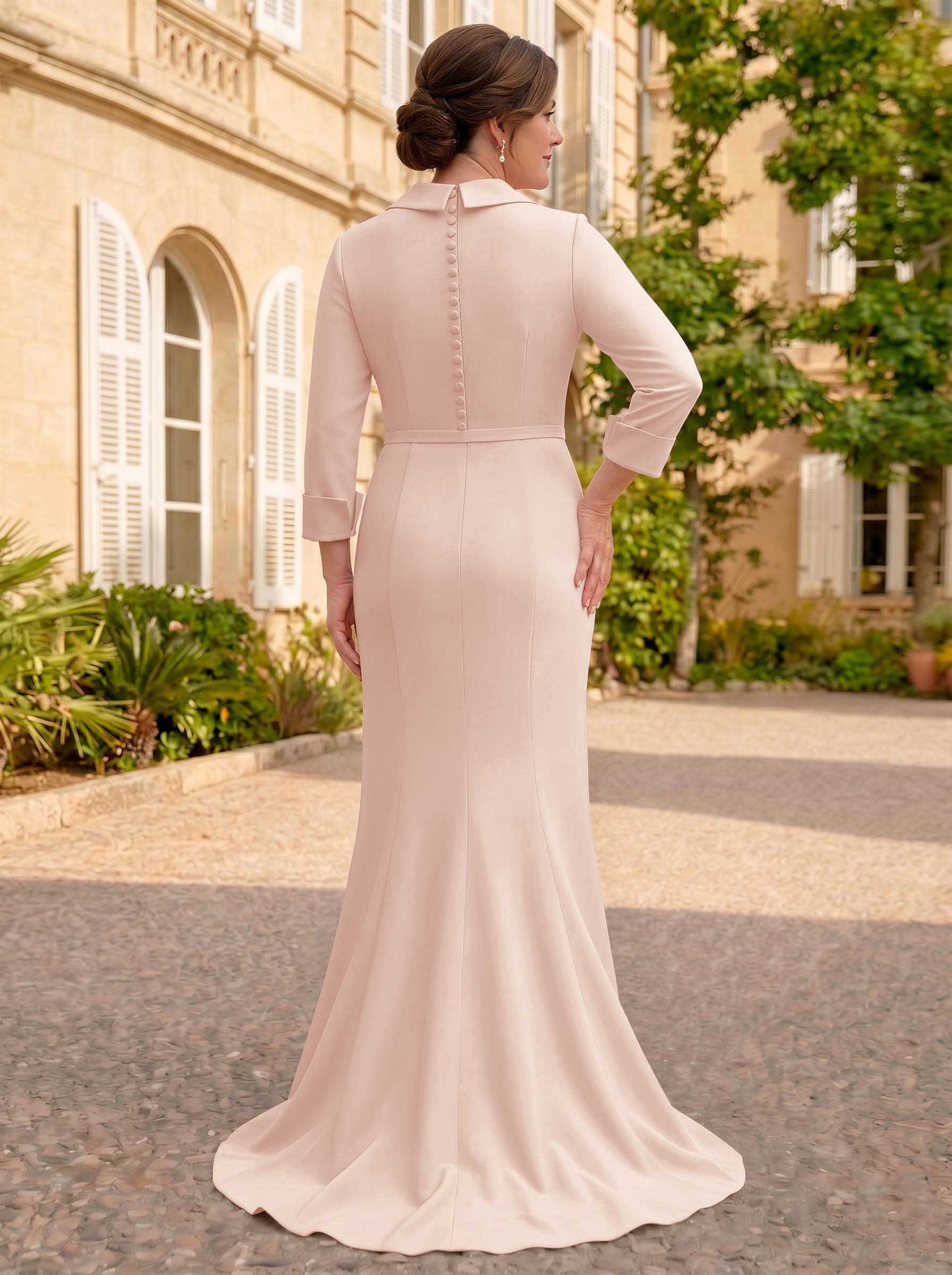 Sheath/Column V-Neck 3/4 Sleeves Sweep Train Elastic Satin Mother Of The Bride Dresses