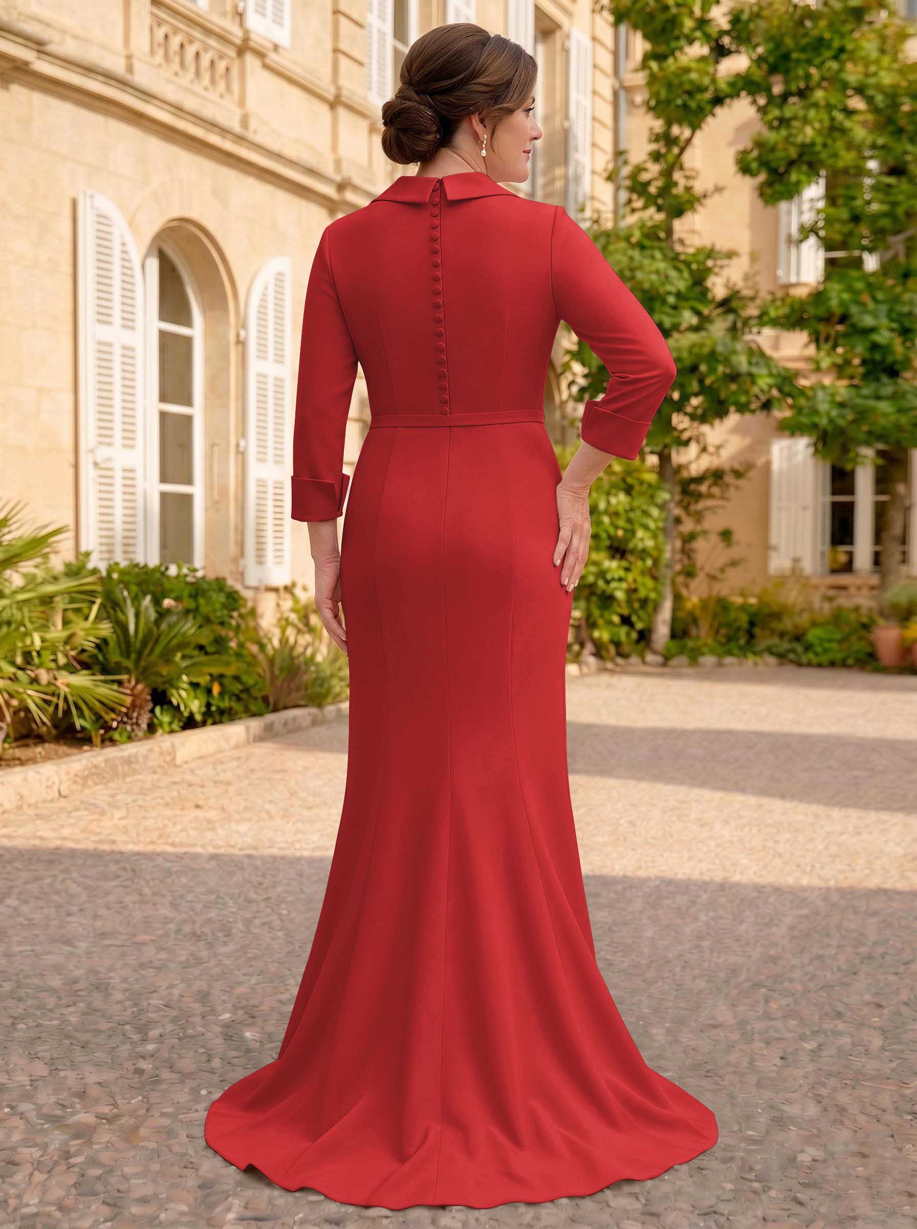 Sheath/Column V-Neck 3/4 Sleeves Sweep Train Elastic Satin Mother Of The Bride Dresses
