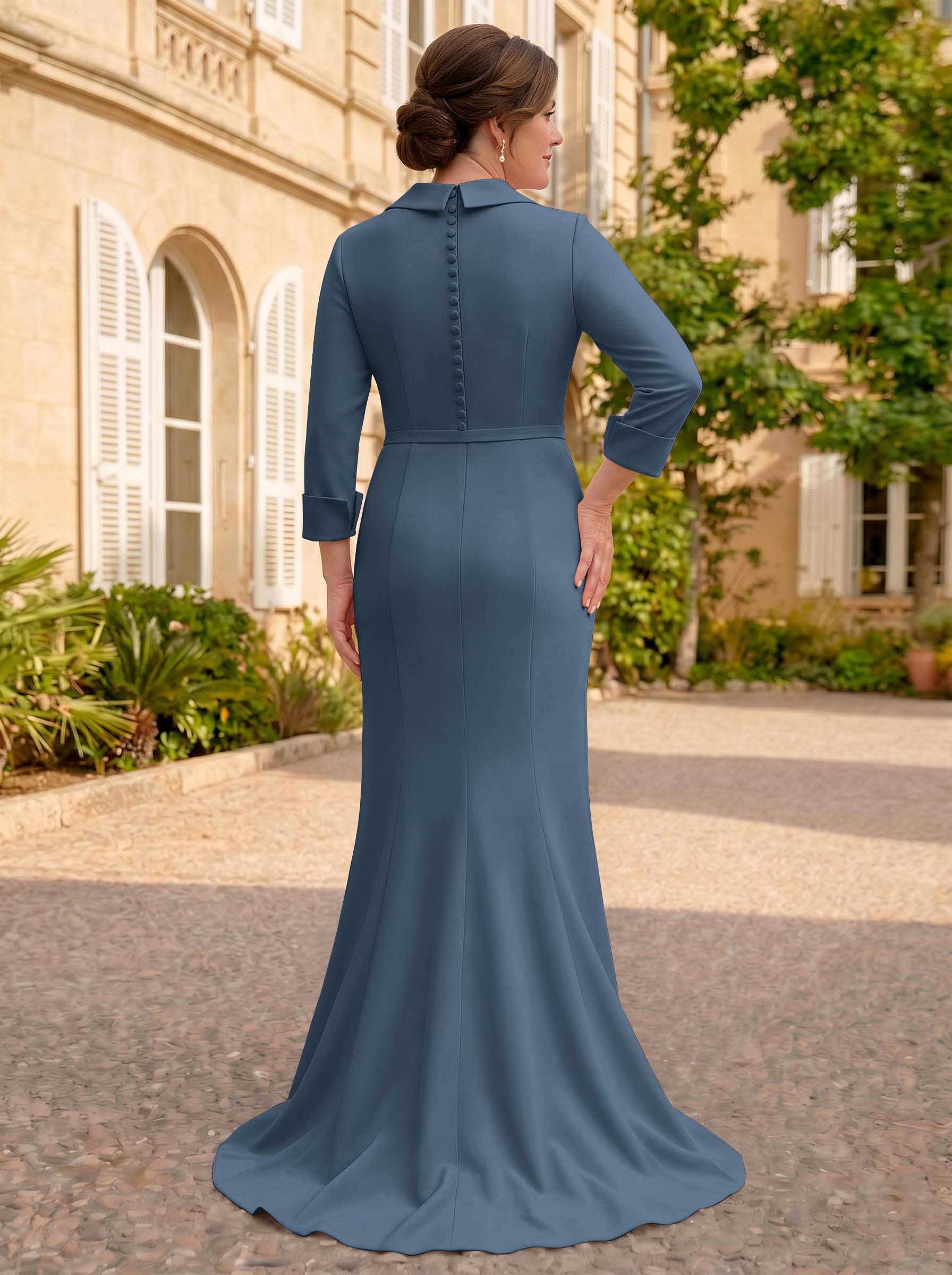 Sheath/Column V-Neck 3/4 Sleeves Sweep Train Elastic Satin Mother Of The Bride Dresses