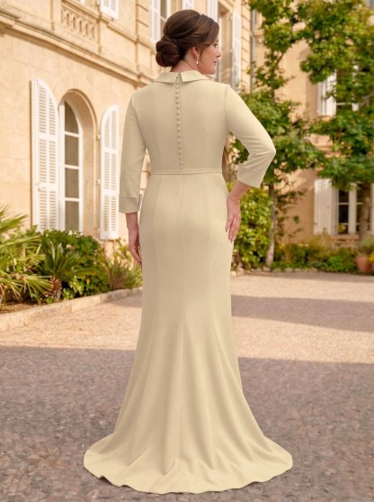 Sheath/Column V-Neck 3/4 Sleeves Sweep Train Elastic Satin Mother Of The Bride Dresses