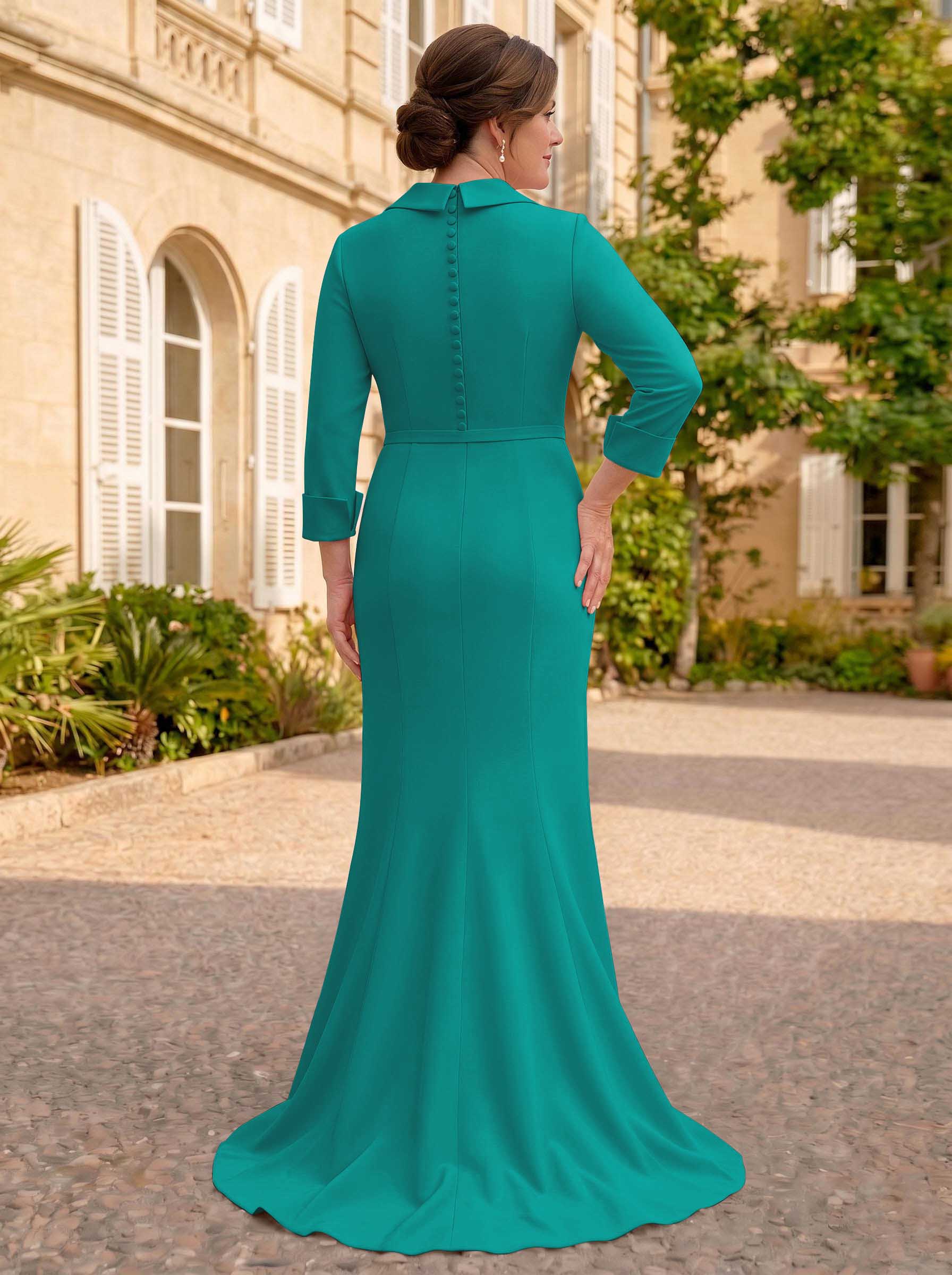 Sheath/Column V-Neck 3/4 Sleeves Sweep Train Elastic Satin Mother Of The Bride Dresses
