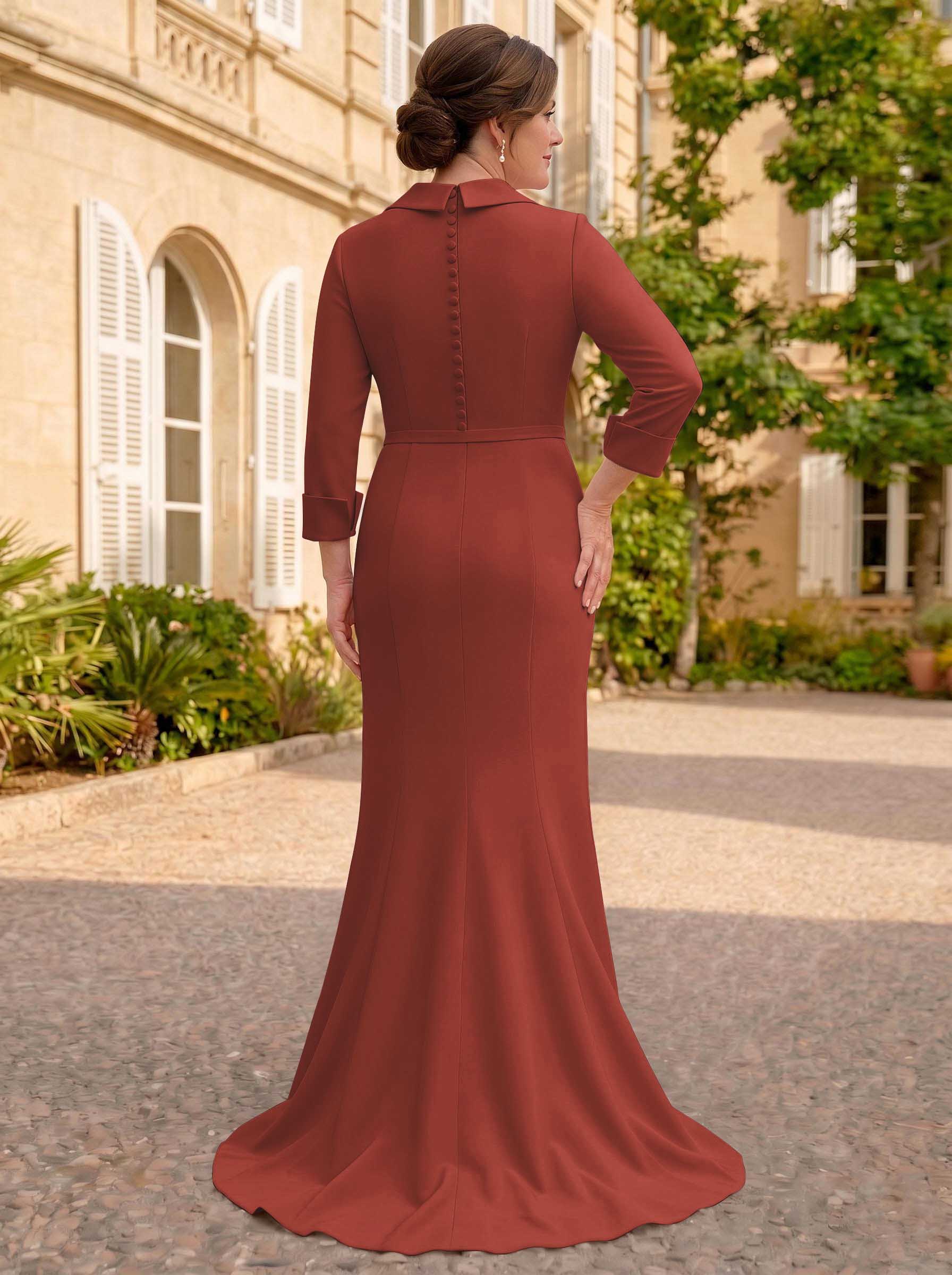 Sheath/Column V-Neck 3/4 Sleeves Sweep Train Elastic Satin Mother Of The Bride Dresses