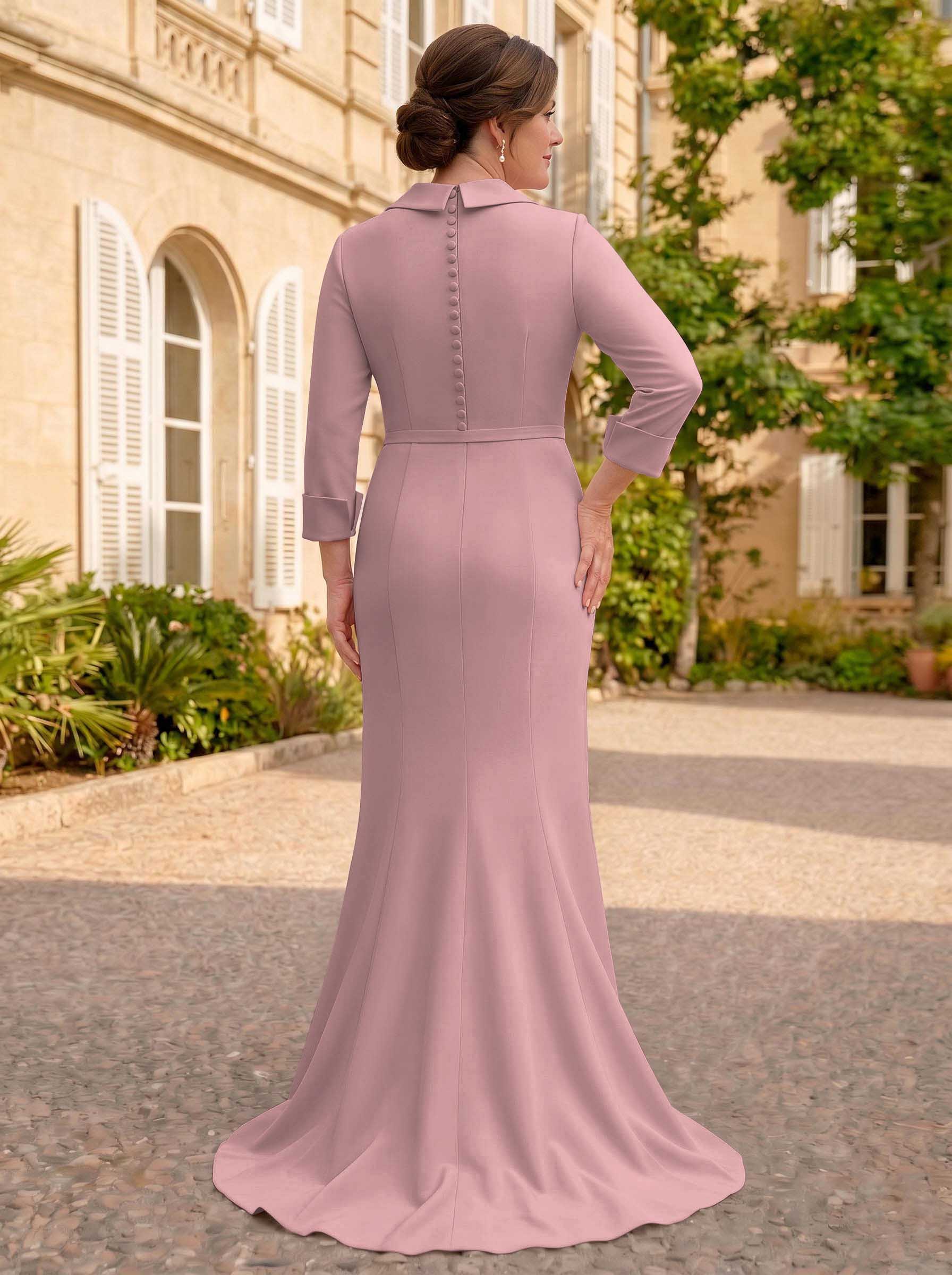 Sheath/Column V-Neck 3/4 Sleeves Sweep Train Elastic Satin Mother Of The Bride Dresses