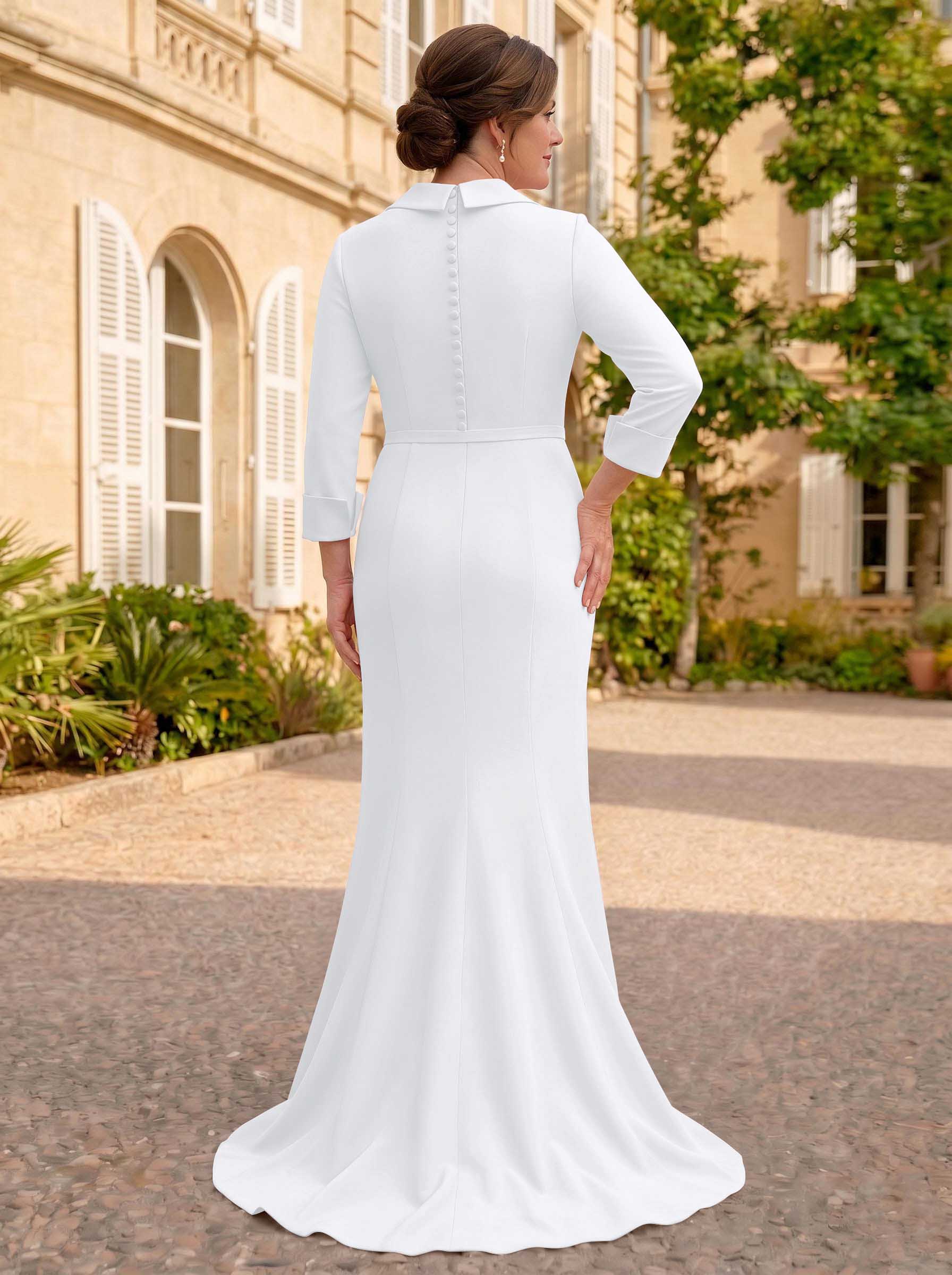 Sheath/Column V-Neck 3/4 Sleeves Sweep Train Elastic Satin Mother Of The Bride Dresses