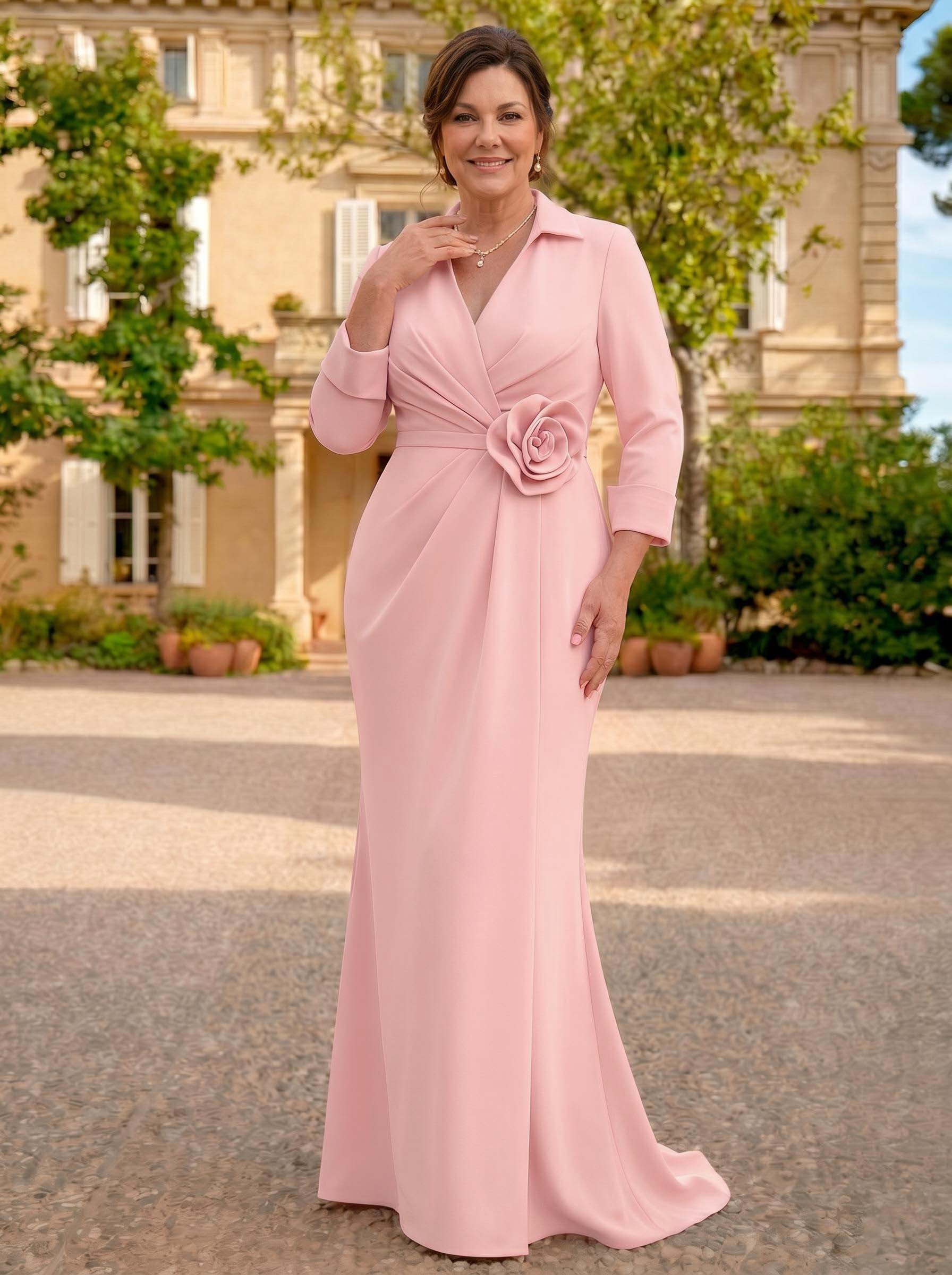Sheath/Column V-Neck 3/4 Sleeves Sweep Train Elastic Satin Mother Of The Bride Dresses