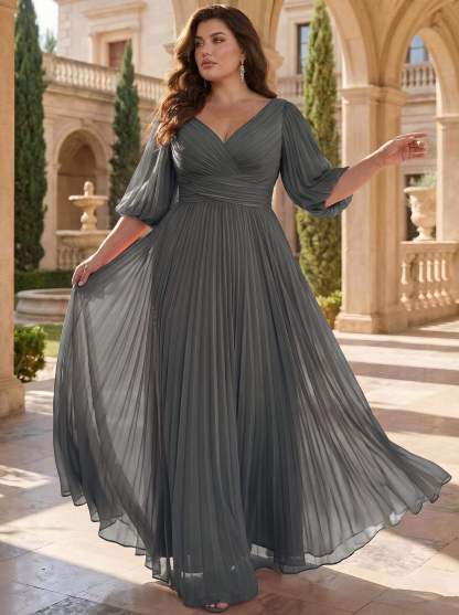 A-Line V-Neck 1/2 Sleeves Chiffon Mother Of The Bride Dresses With Pleated