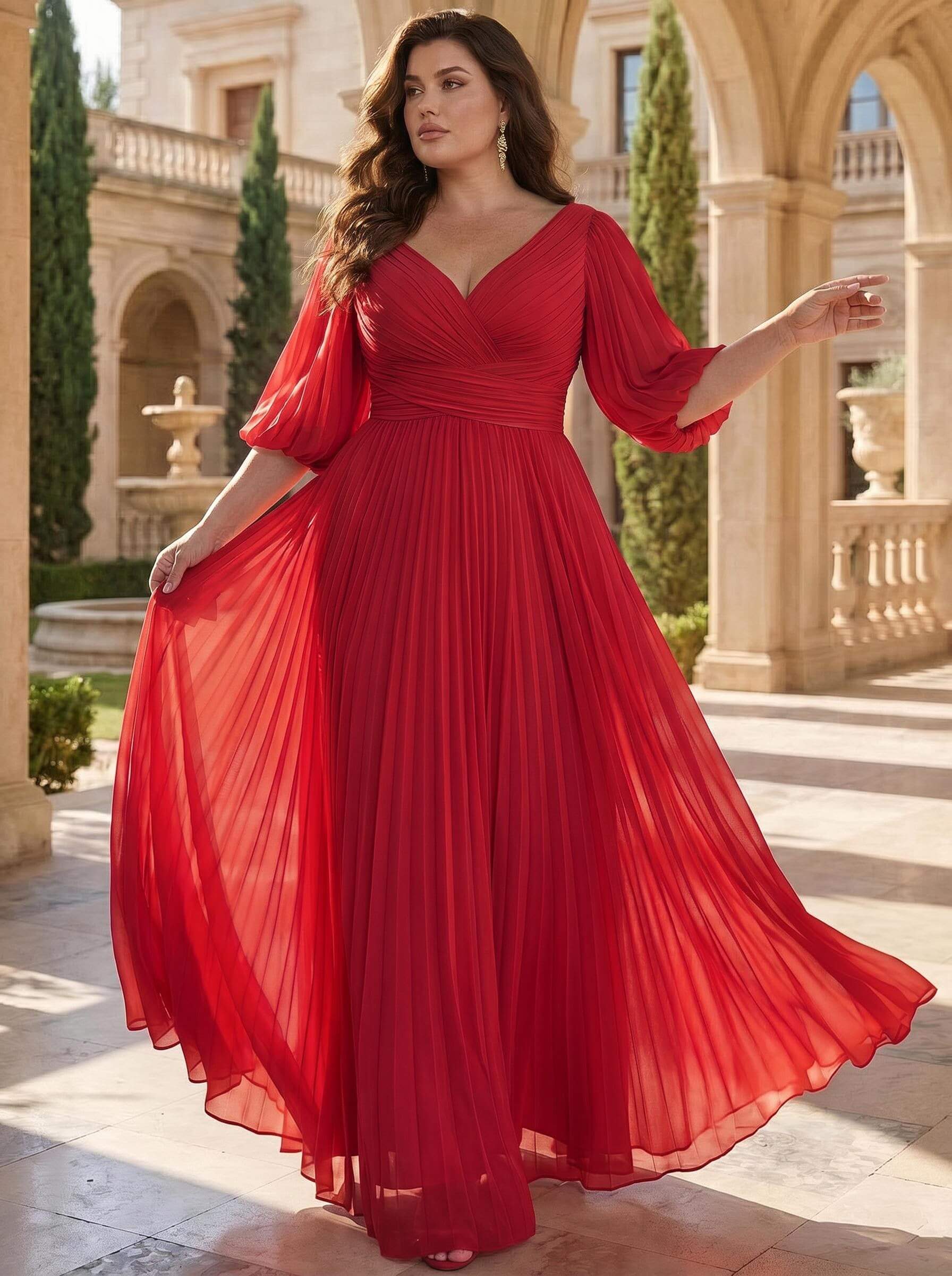 A-Line V-Neck 1/2 Sleeves Chiffon Mother Of The Bride Dresses With Pleated