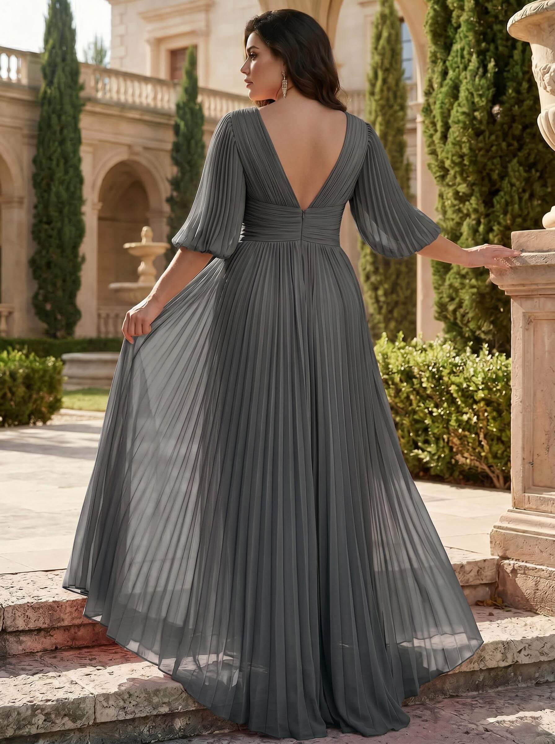 A-Line V-Neck 1/2 Sleeves Chiffon Mother Of The Bride Dresses With Pleated