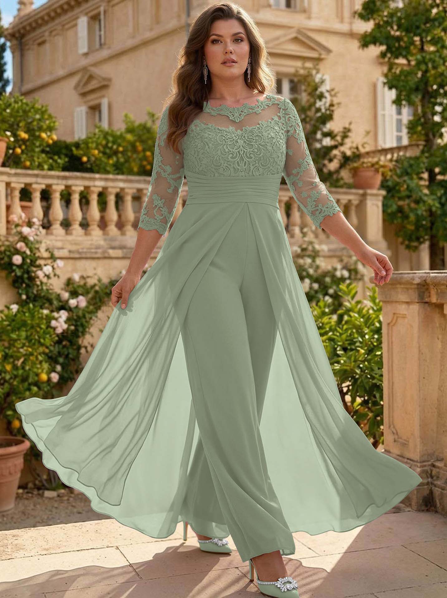 Jumpsuit/Pantsuit Scoop Neck 3/4 Sleeves Detachable Chiffon Mother Of The Bride Dresses With Lace