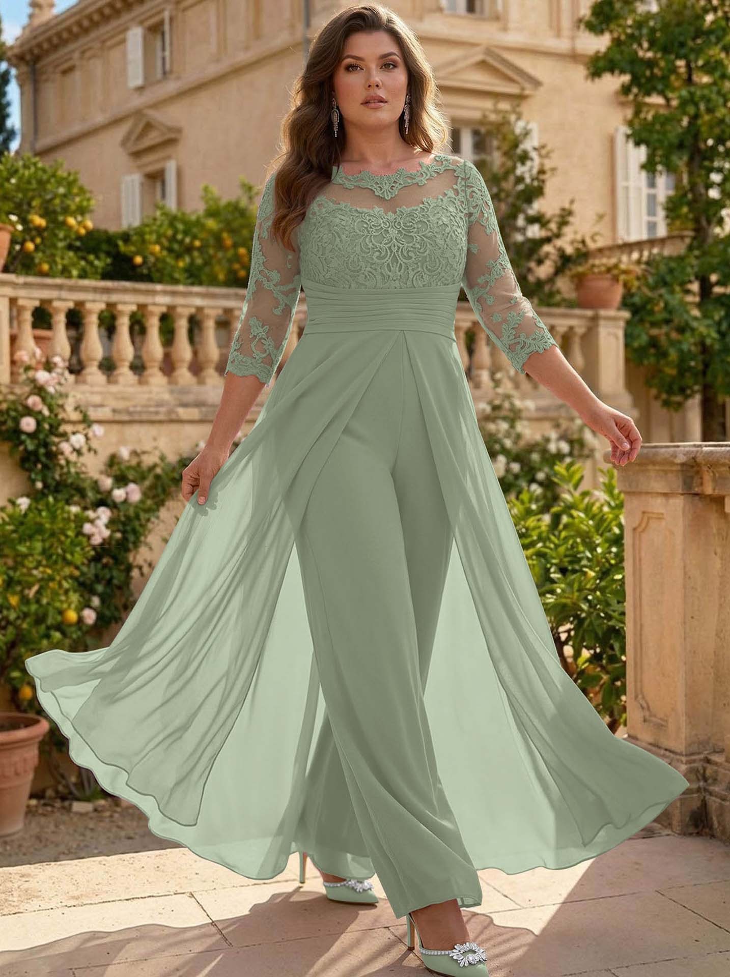 Jumpsuit/Pantsuit Scoop Neck 3/4 Sleeves Detachable Chiffon Mother Of The Bride Dresses With Lace