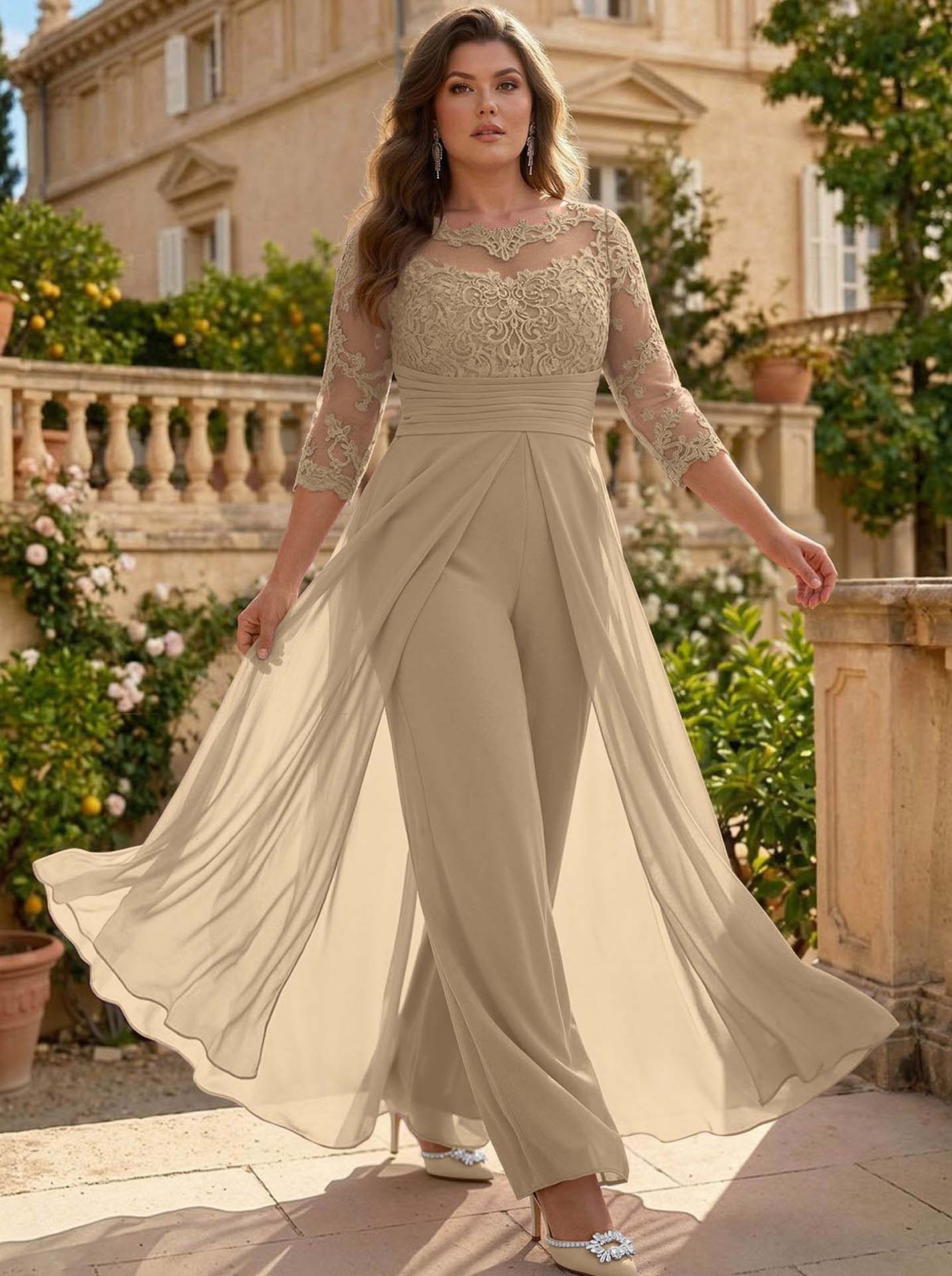 Jumpsuit/Pantsuit Scoop Neck 3/4 Sleeves Detachable Chiffon Mother Of The Bride Dresses With Lace
