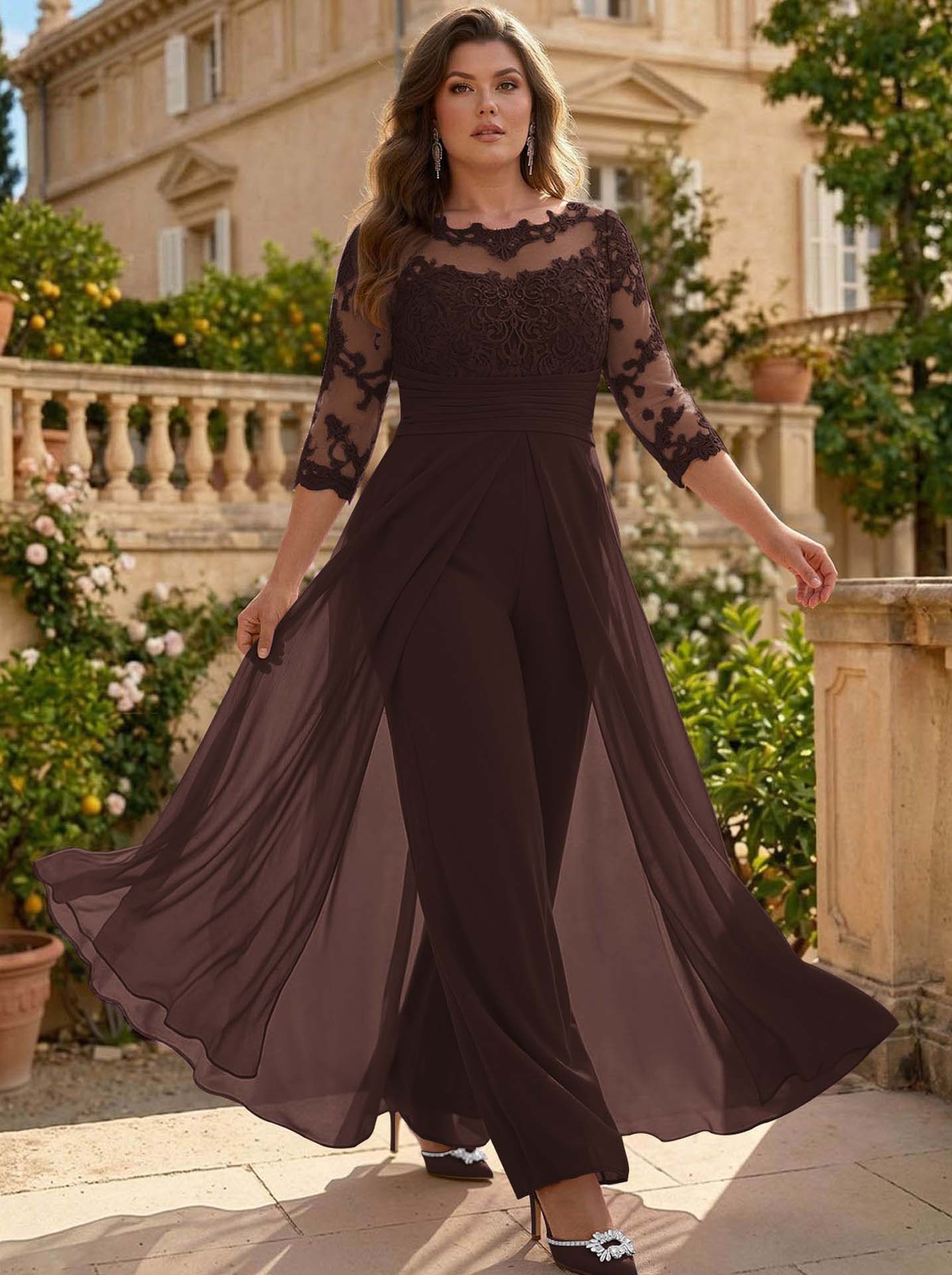 Jumpsuit/Pantsuit Scoop Neck 3/4 Sleeves Detachable Chiffon Mother Of The Bride Dresses With Lace