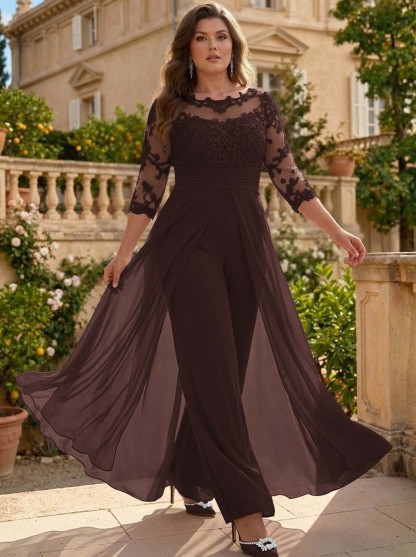Jumpsuit/Pantsuit Scoop Neck 3/4 Sleeves Detachable Chiffon Mother Of The Bride Dresses With Lace
