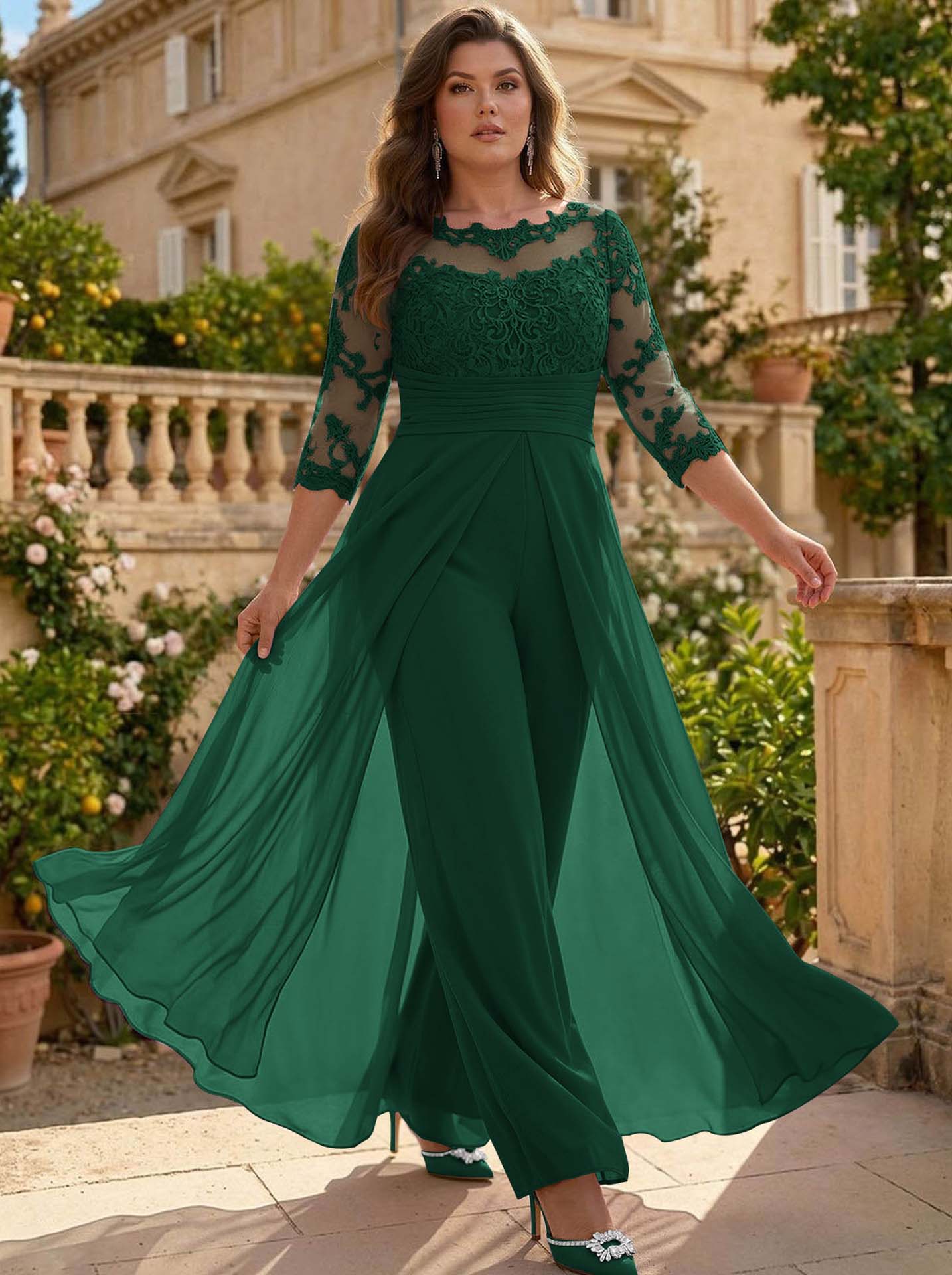 Jumpsuit/Pantsuit Scoop Neck 3/4 Sleeves Detachable Chiffon Mother Of The Bride Dresses With Lace