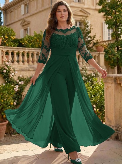 Jumpsuit/Pantsuit Scoop Neck 3/4 Sleeves Detachable Chiffon Mother Of The Bride Dresses With Lace