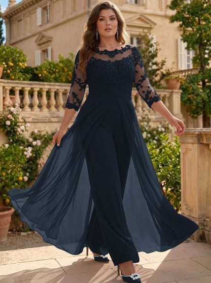 Jumpsuit/Pantsuit Scoop Neck 3/4 Sleeves Detachable Chiffon Mother Of The Bride Dresses With Lace