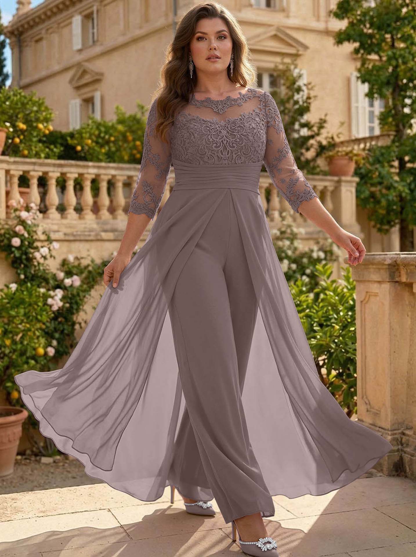 Jumpsuit/Pantsuit Scoop Neck 3/4 Sleeves Detachable Chiffon Mother Of The Bride Dresses With Lace