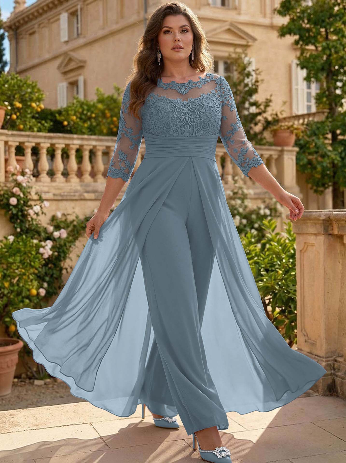 Jumpsuit/Pantsuit Scoop Neck 3/4 Sleeves Detachable Chiffon Mother Of The Bride Dresses With Lace