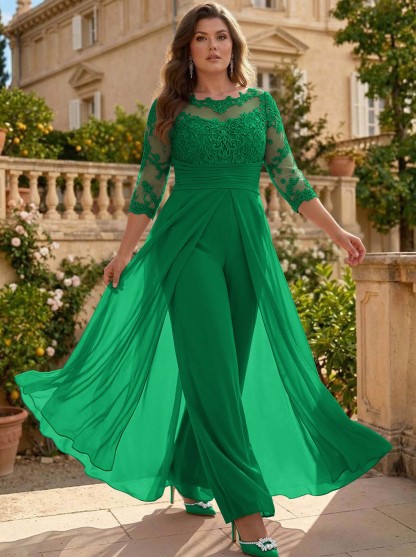 Jumpsuit/Pantsuit Scoop Neck 3/4 Sleeves Detachable Chiffon Mother Of The Bride Dresses With Lace