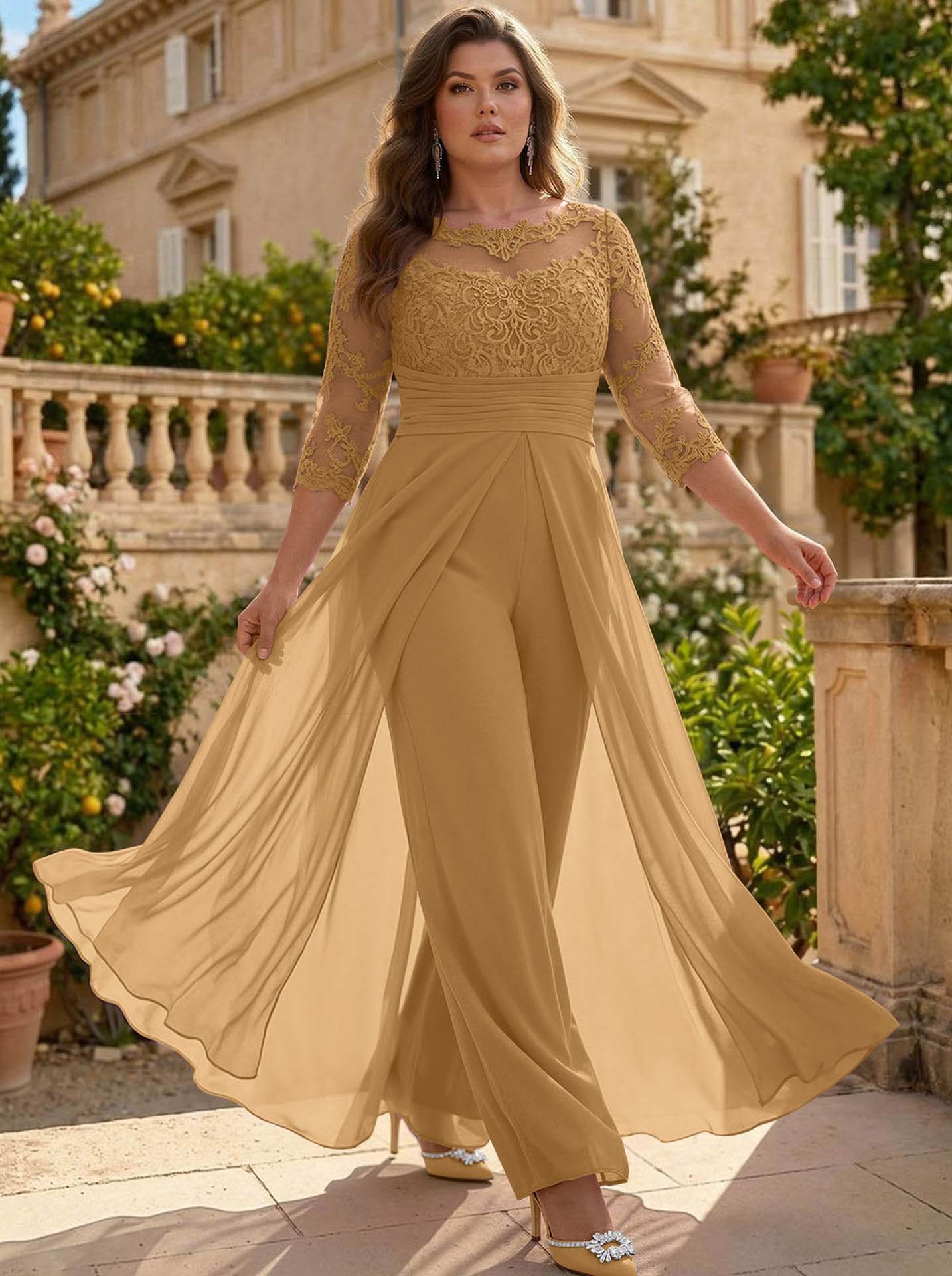 Jumpsuit/Pantsuit Scoop Neck 3/4 Sleeves Detachable Chiffon Mother Of The Bride Dresses With Lace