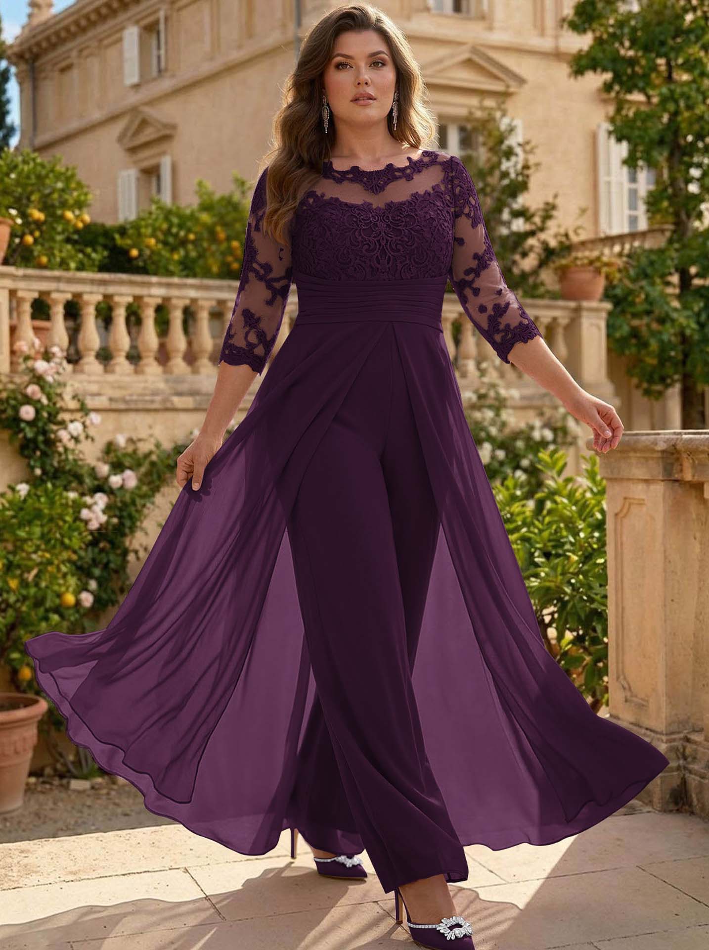 Jumpsuit/Pantsuit Scoop Neck 3/4 Sleeves Detachable Chiffon Mother Of The Bride Dresses With Lace