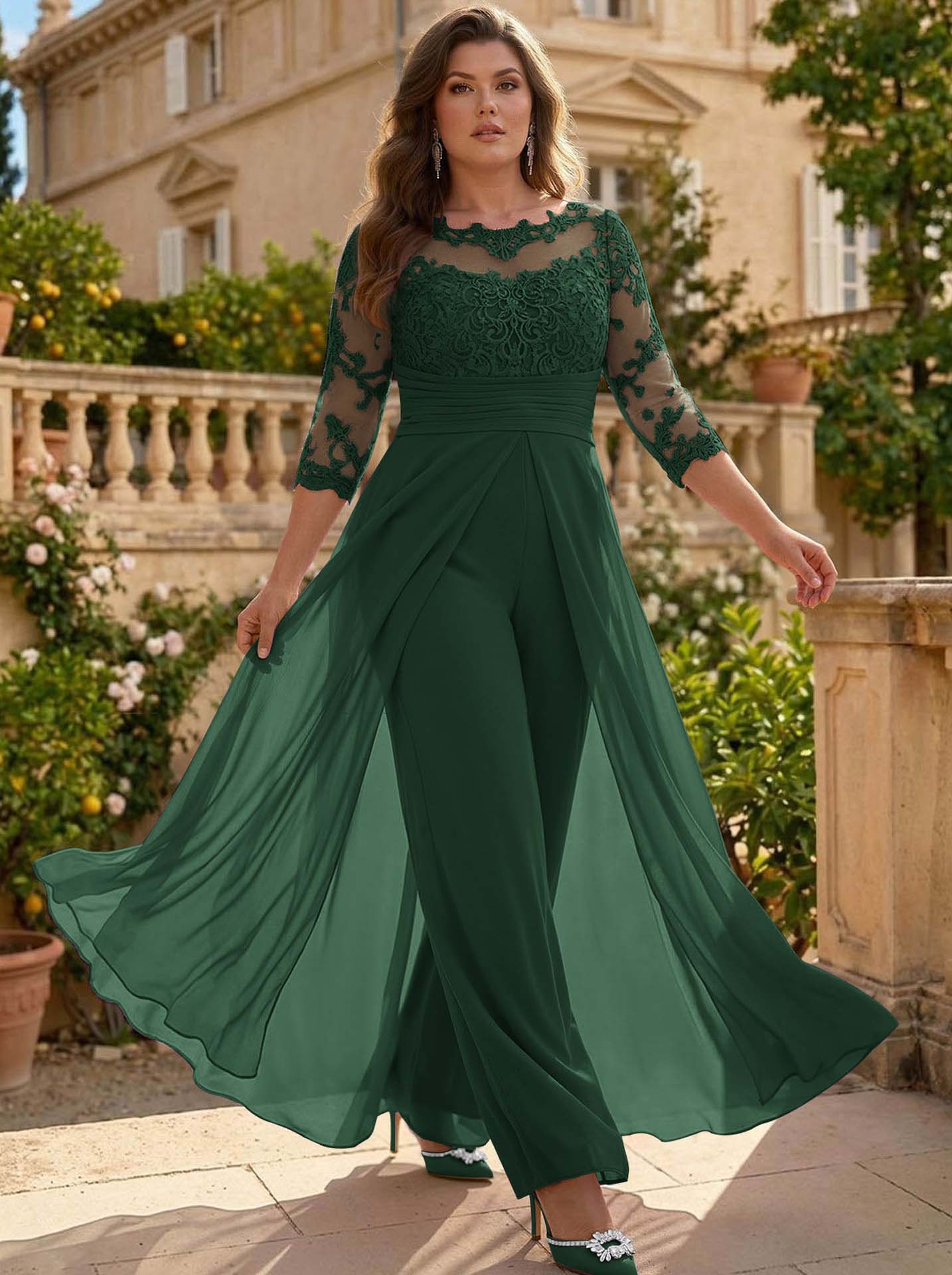 Jumpsuit/Pantsuit Scoop Neck 3/4 Sleeves Detachable Chiffon Mother Of The Bride Dresses With Lace