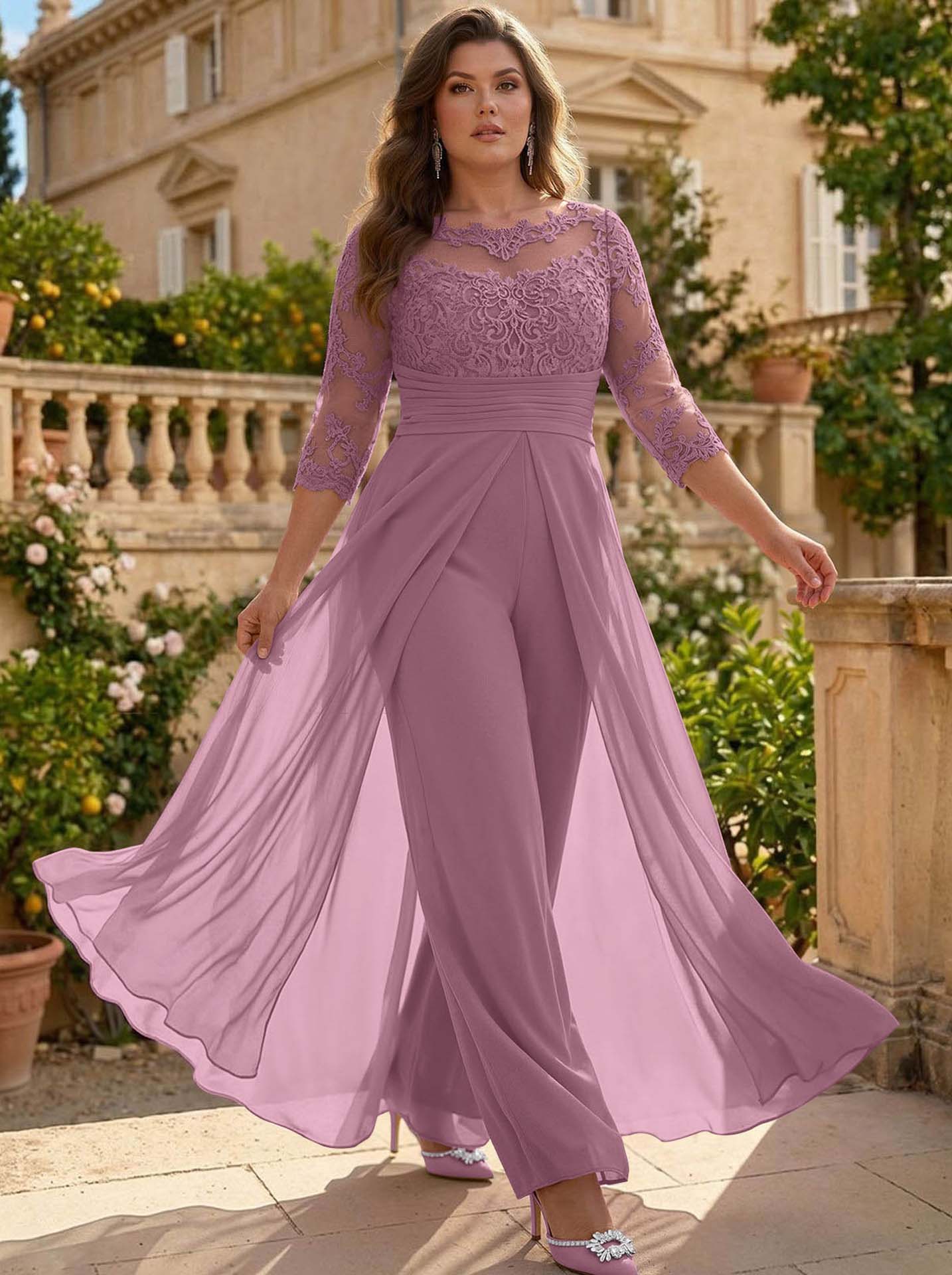Jumpsuit/Pantsuit Scoop Neck 3/4 Sleeves Detachable Chiffon Mother Of The Bride Dresses With Lace