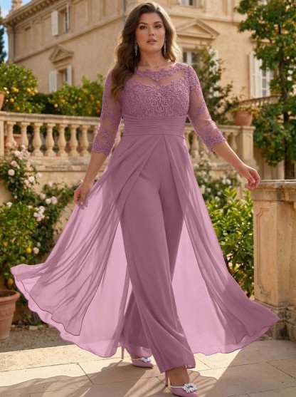 Jumpsuit/Pantsuit Scoop Neck 3/4 Sleeves Detachable Chiffon Mother Of The Bride Dresses With Lace