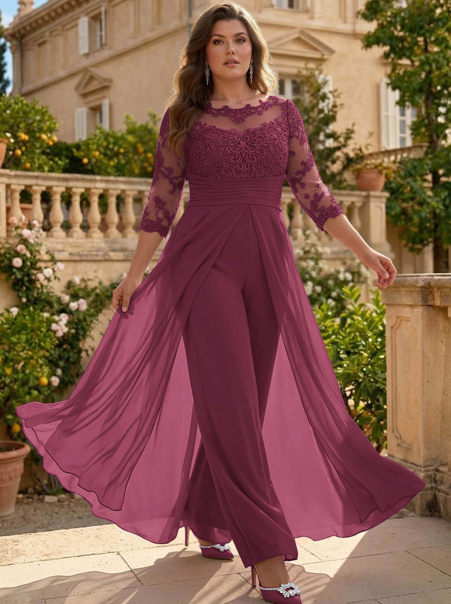 Jumpsuit/Pantsuit Scoop Neck 3/4 Sleeves Detachable Chiffon Mother Of The Bride Dresses With Lace
