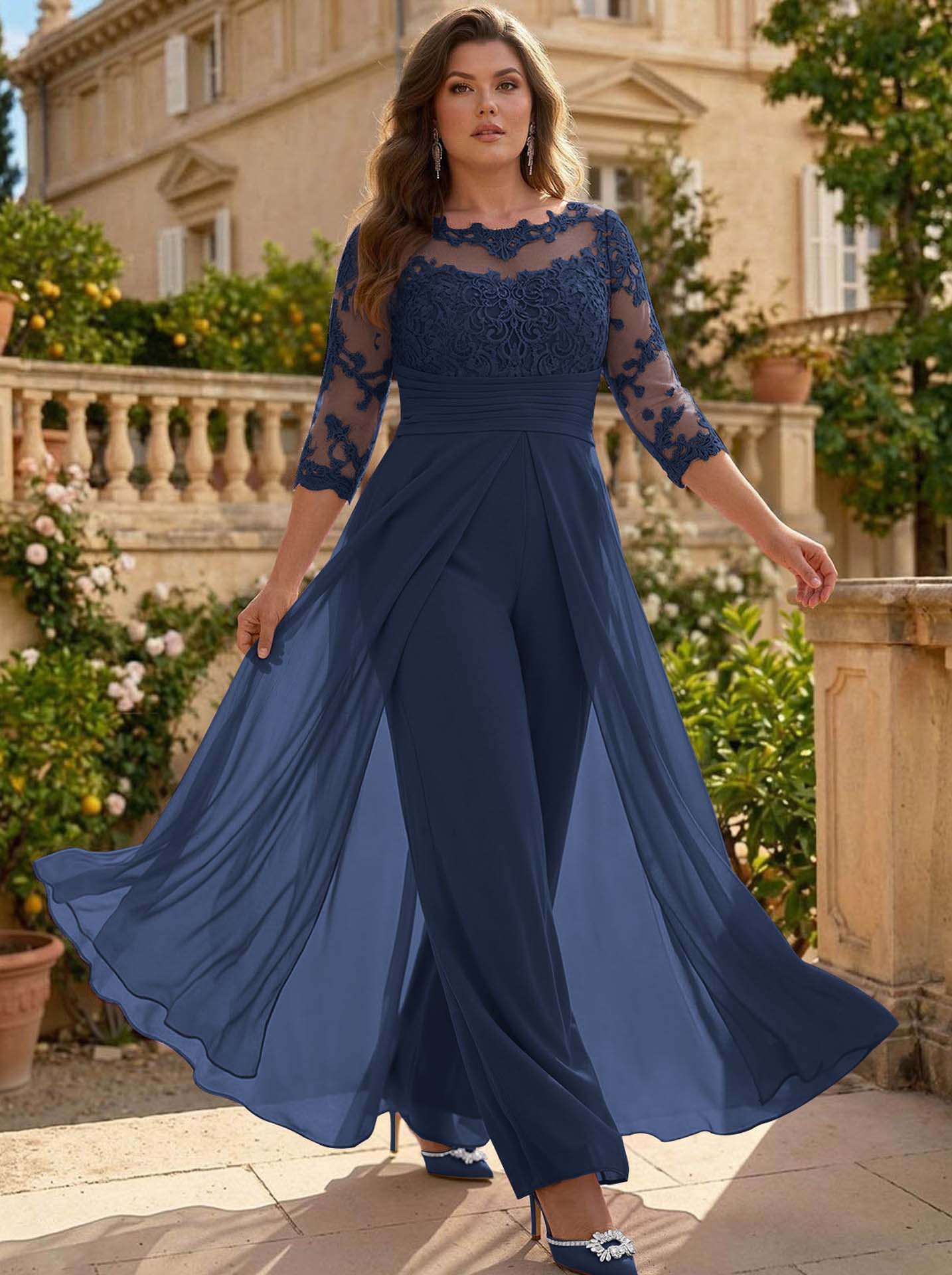 Jumpsuit/Pantsuit Scoop Neck 3/4 Sleeves Detachable Chiffon Mother Of The Bride Dresses With Lace