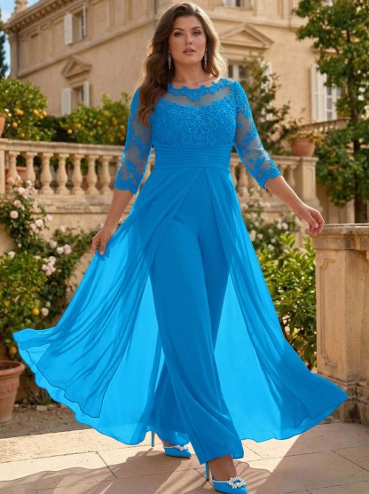 Jumpsuit/Pantsuit Scoop Neck 3/4 Sleeves Detachable Chiffon Mother Of The Bride Dresses With Lace