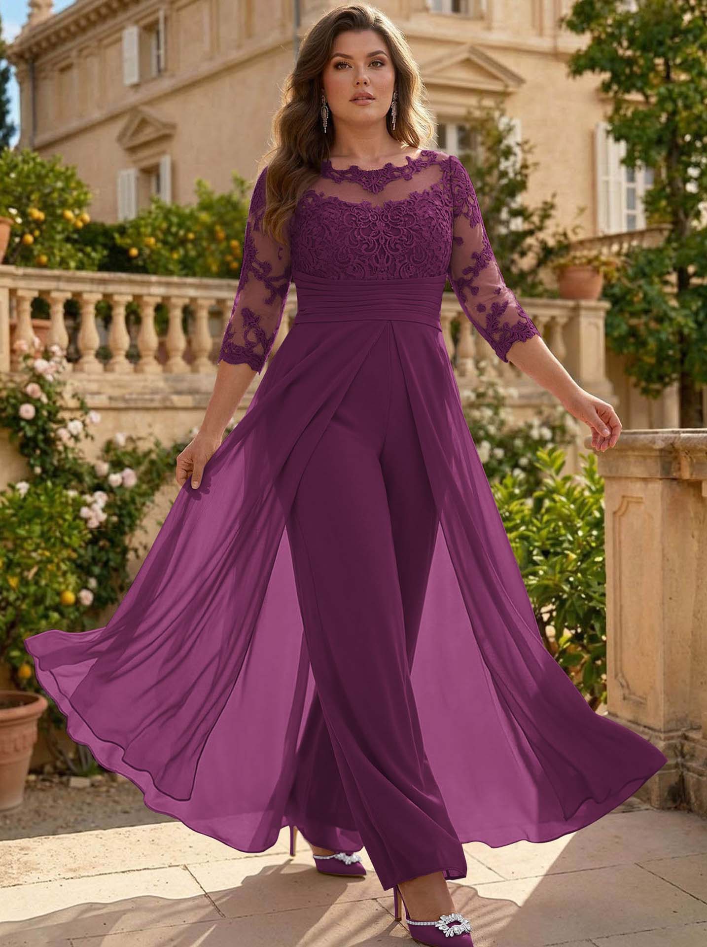 Jumpsuit/Pantsuit Scoop Neck 3/4 Sleeves Detachable Chiffon Mother Of The Bride Dresses With Lace