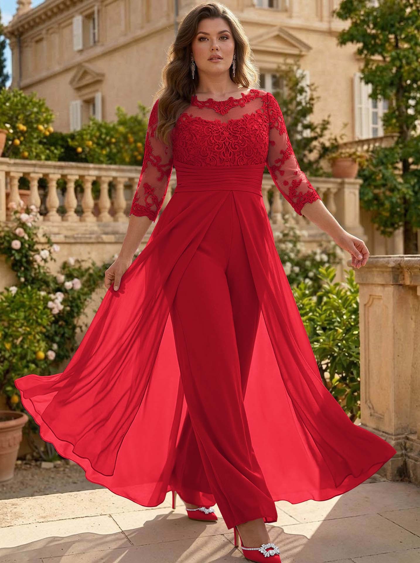 Jumpsuit/Pantsuit Scoop Neck 3/4 Sleeves Detachable Chiffon Mother Of The Bride Dresses With Lace