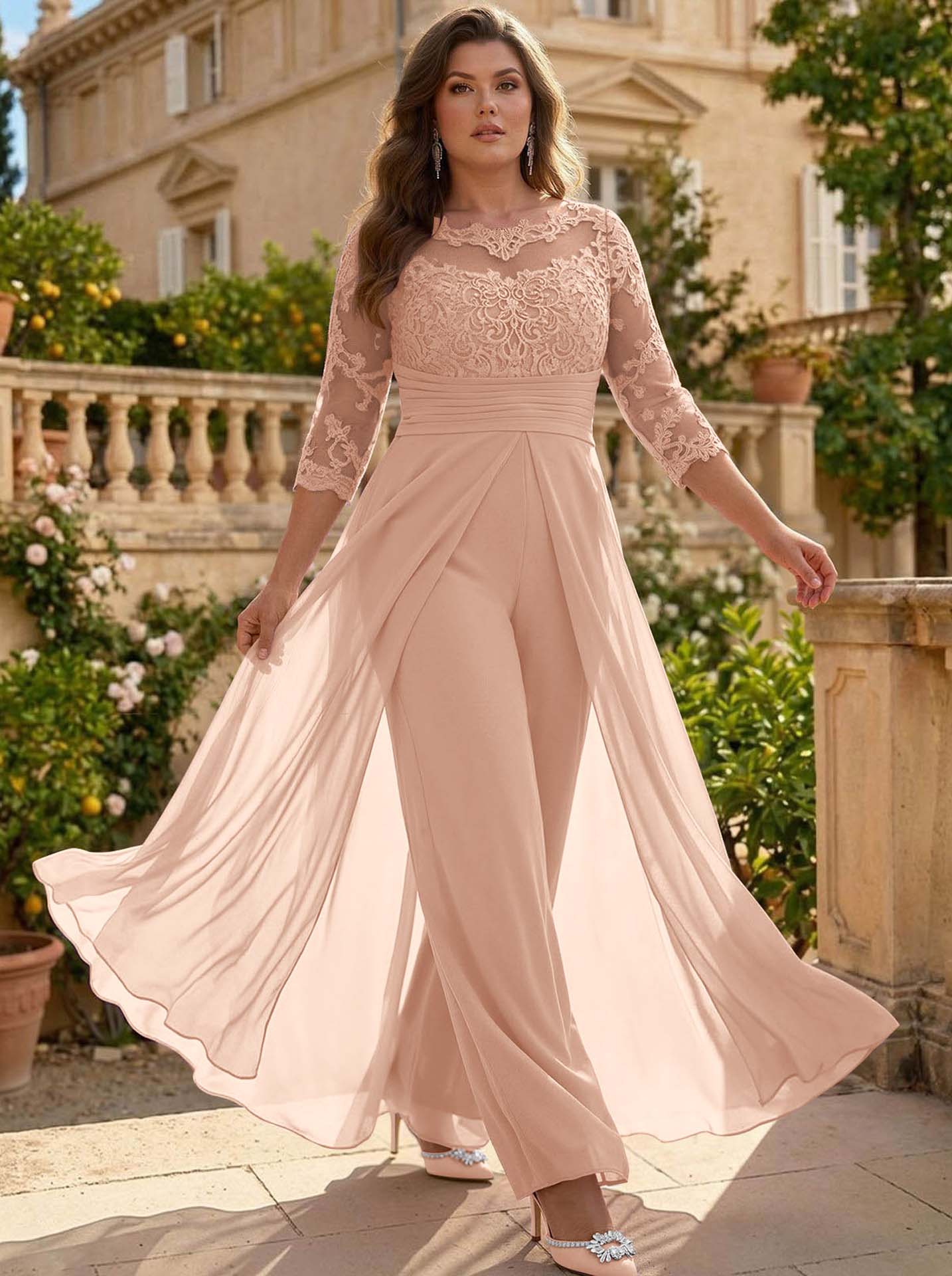 Jumpsuit/Pantsuit Scoop Neck 3/4 Sleeves Detachable Chiffon Mother Of The Bride Dresses With Lace