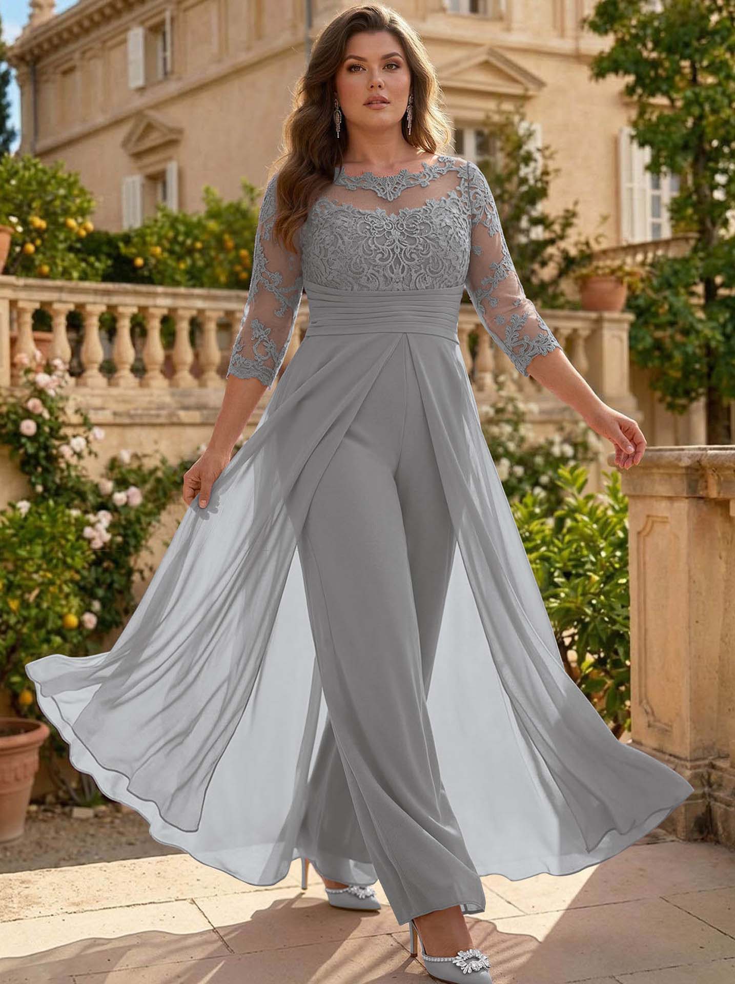 Jumpsuit/Pantsuit Scoop Neck 3/4 Sleeves Detachable Chiffon Mother Of The Bride Dresses With Lace