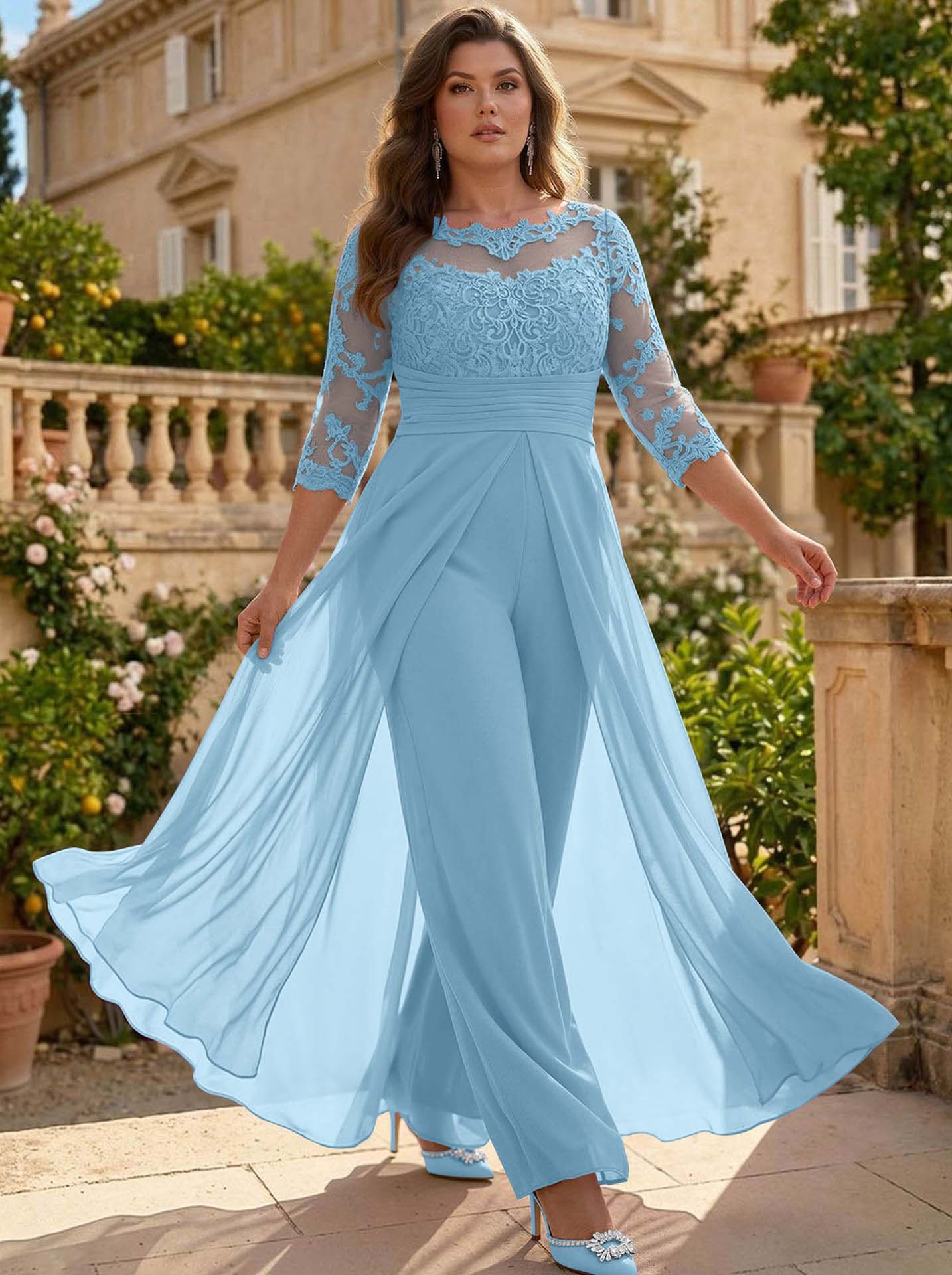 Jumpsuit/Pantsuit Scoop Neck 3/4 Sleeves Detachable Chiffon Mother Of The Bride Dresses With Lace