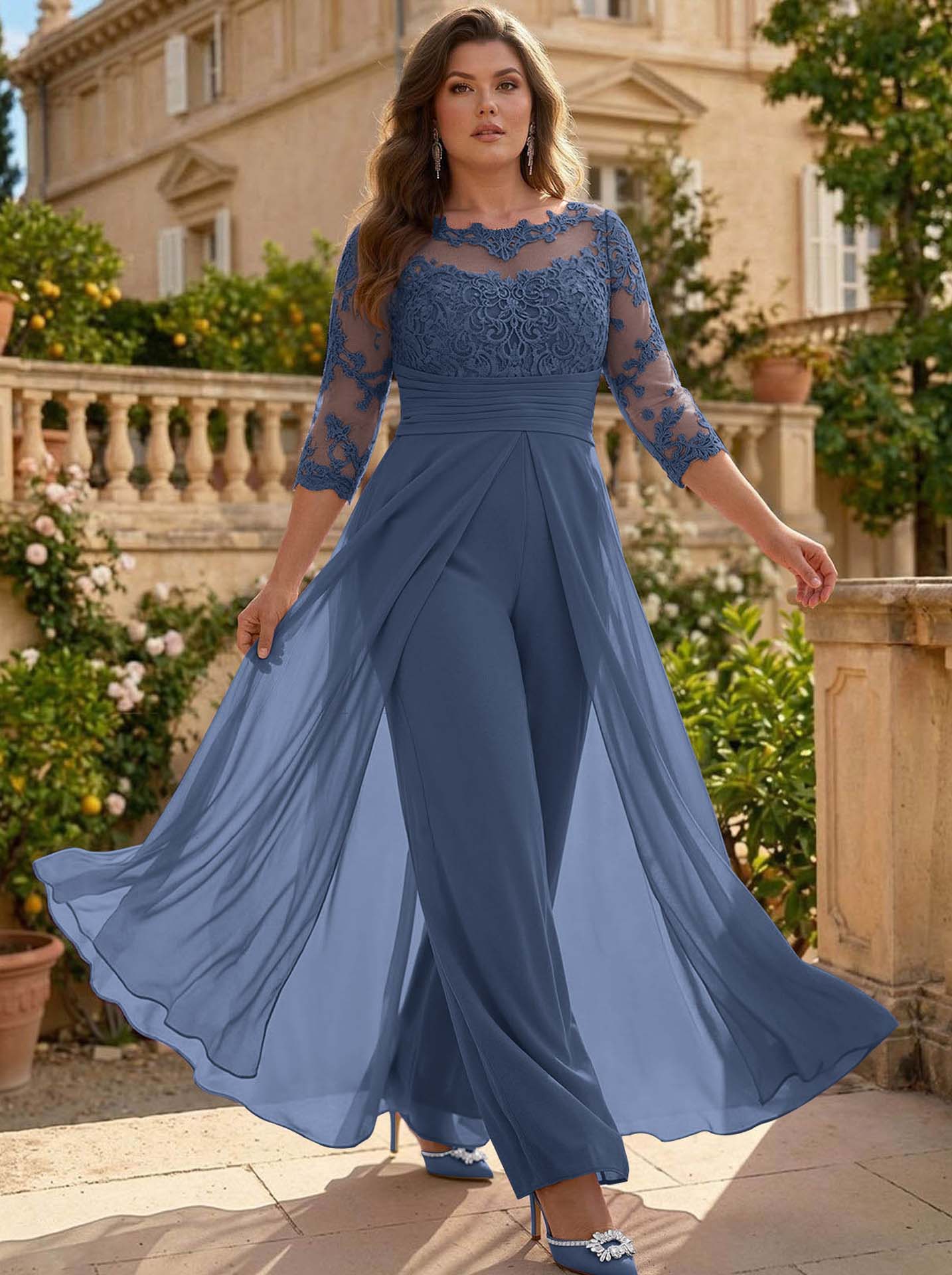 Jumpsuit/Pantsuit Scoop Neck 3/4 Sleeves Detachable Chiffon Mother Of The Bride Dresses With Lace