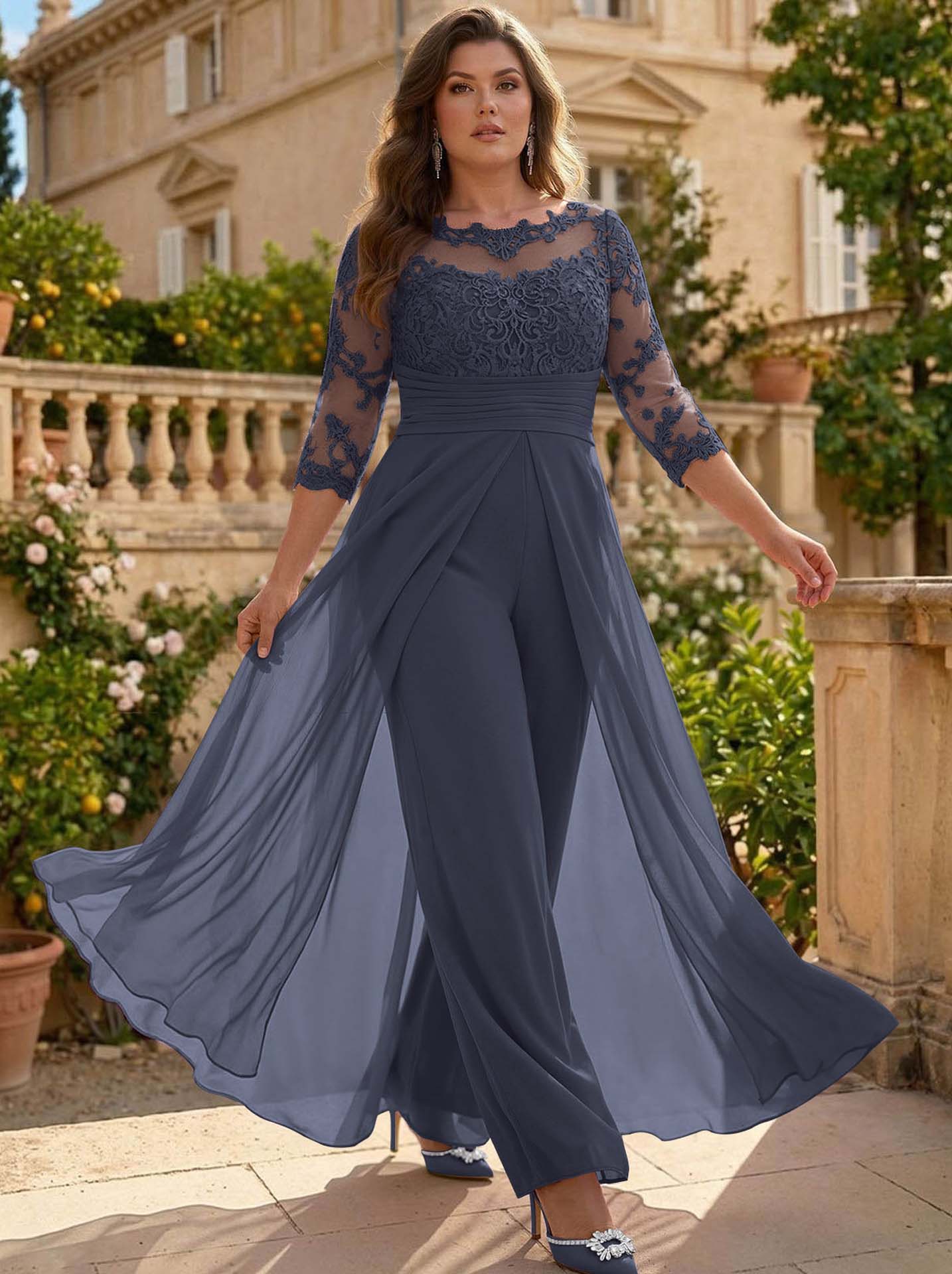 Jumpsuit/Pantsuit Scoop Neck 3/4 Sleeves Detachable Chiffon Mother Of The Bride Dresses With Lace
