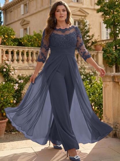 Jumpsuit/Pantsuit Scoop Neck 3/4 Sleeves Detachable Chiffon Mother Of The Bride Dresses With Lace
