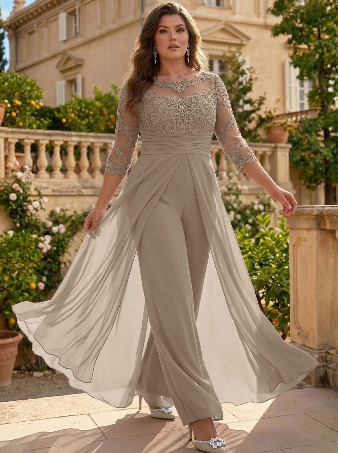 Jumpsuit/Pantsuit Scoop Neck 3/4 Sleeves Detachable Chiffon Mother Of The Bride Dresses With Lace