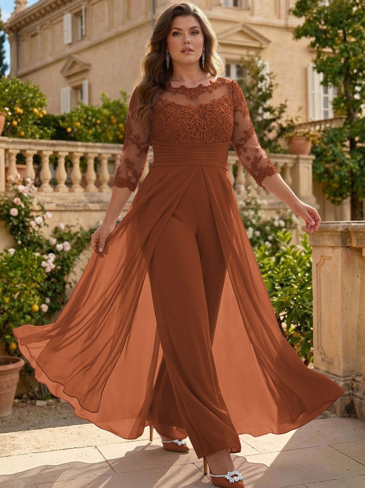Jumpsuit/Pantsuit Scoop Neck 3/4 Sleeves Detachable Chiffon Mother Of The Bride Dresses With Lace