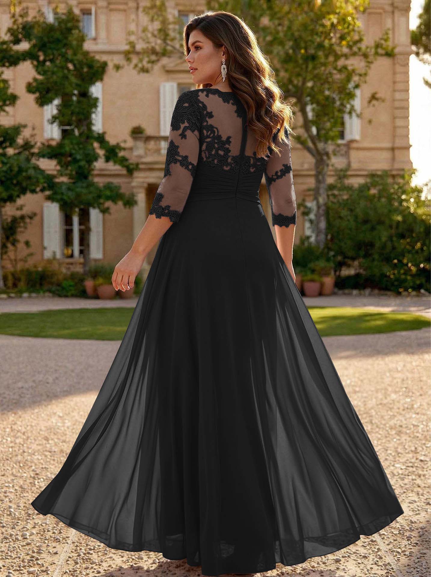 Jumpsuit/Pantsuit Scoop Neck 3/4 Sleeves Detachable Chiffon Mother Of The Bride Dresses With Lace