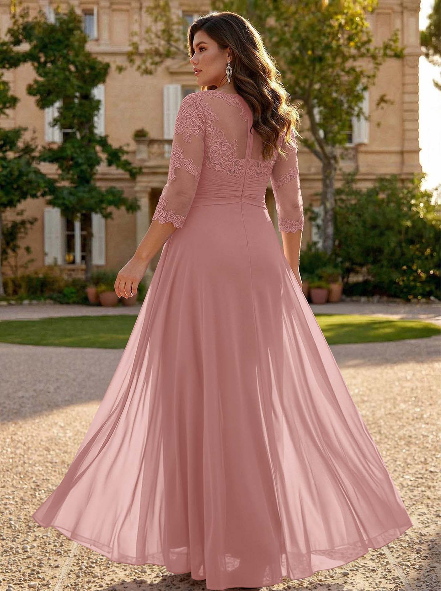 Jumpsuit/Pantsuit Scoop Neck 3/4 Sleeves Detachable Chiffon Mother Of The Bride Dresses With Lace
