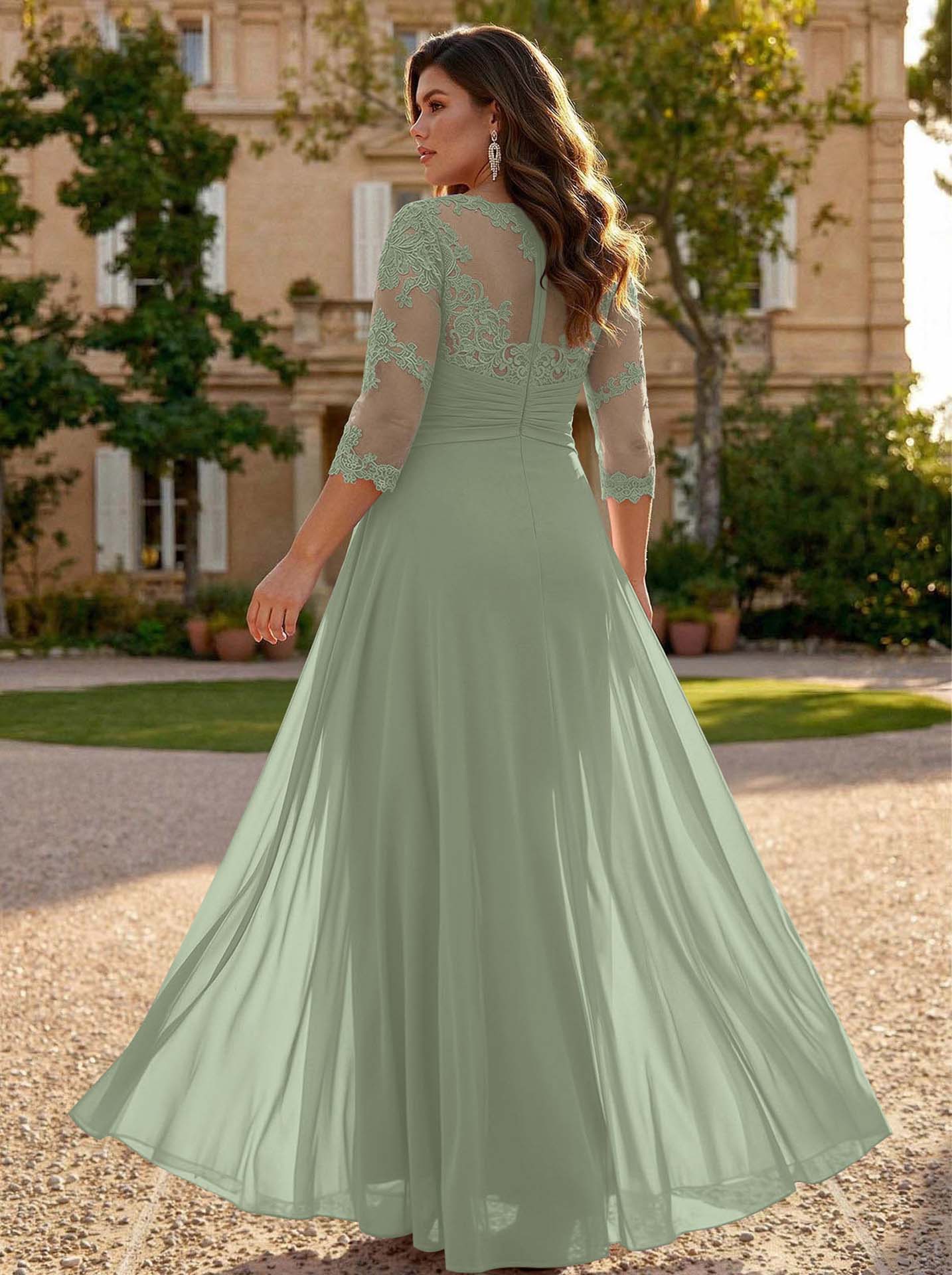 Jumpsuit/Pantsuit Scoop Neck 3/4 Sleeves Detachable Chiffon Mother Of The Bride Dresses With Lace